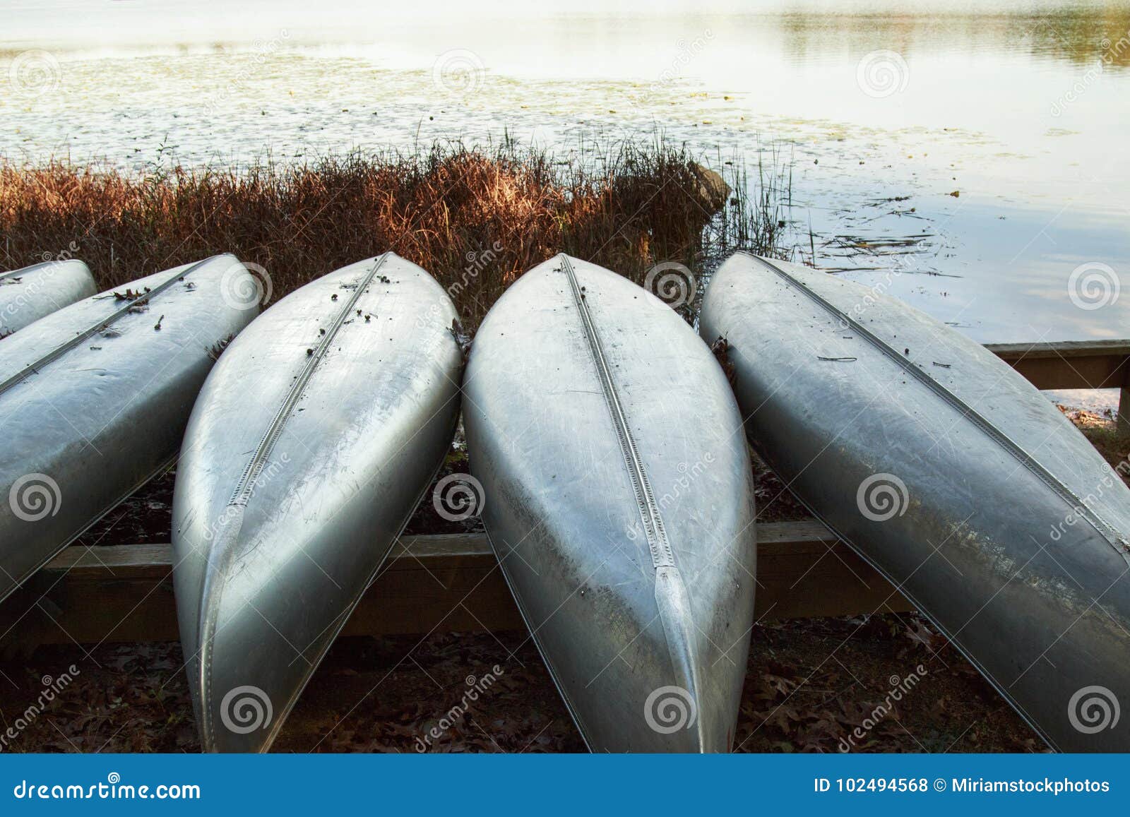 Metal Canoes Resting On A Boat Rack Near The Lake Stock ...