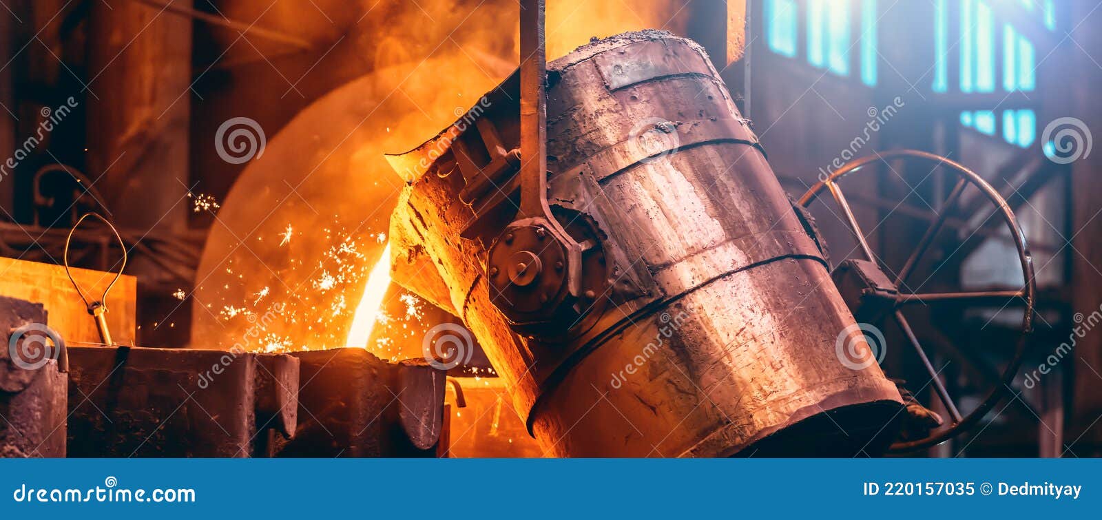 Metal Cast Process, Long Banner Image. Molten Liquid Iron Pouring from