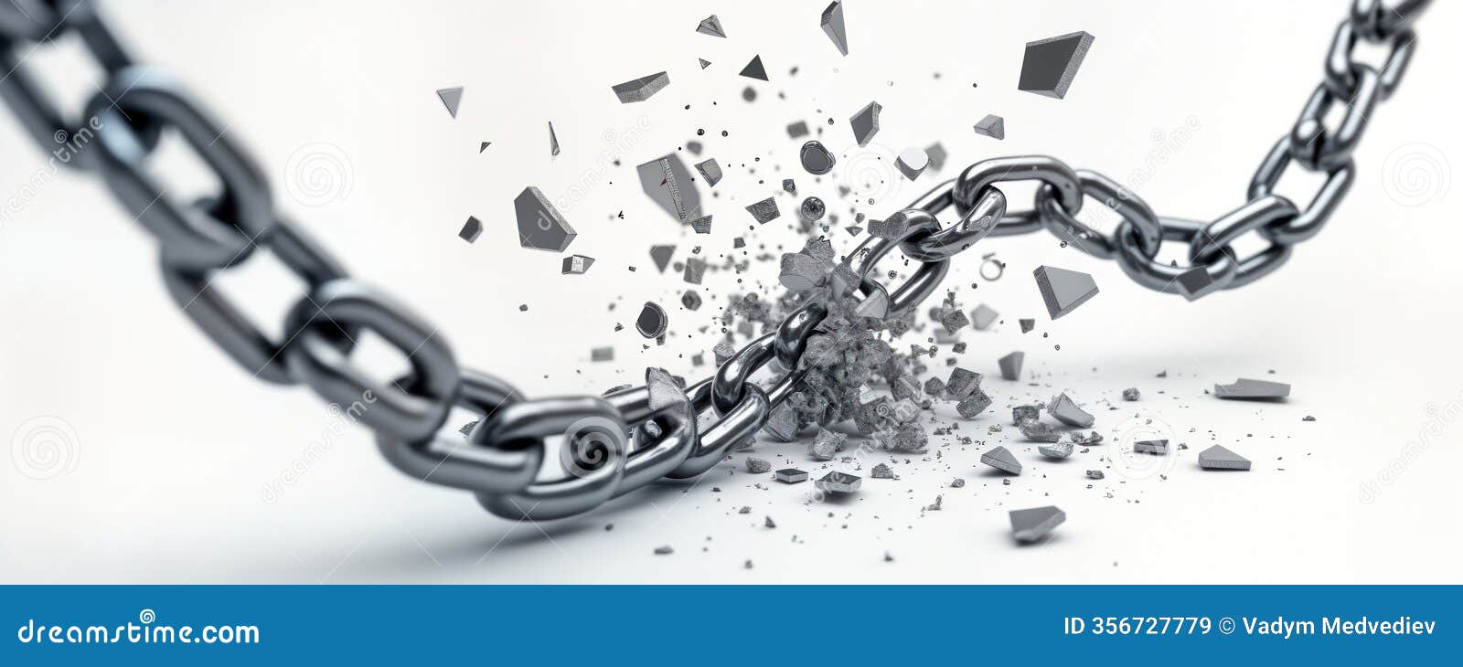metal chain breaks apart forcefully on white background. chain link fragments explode, scatter widely. powerful image of freedom,