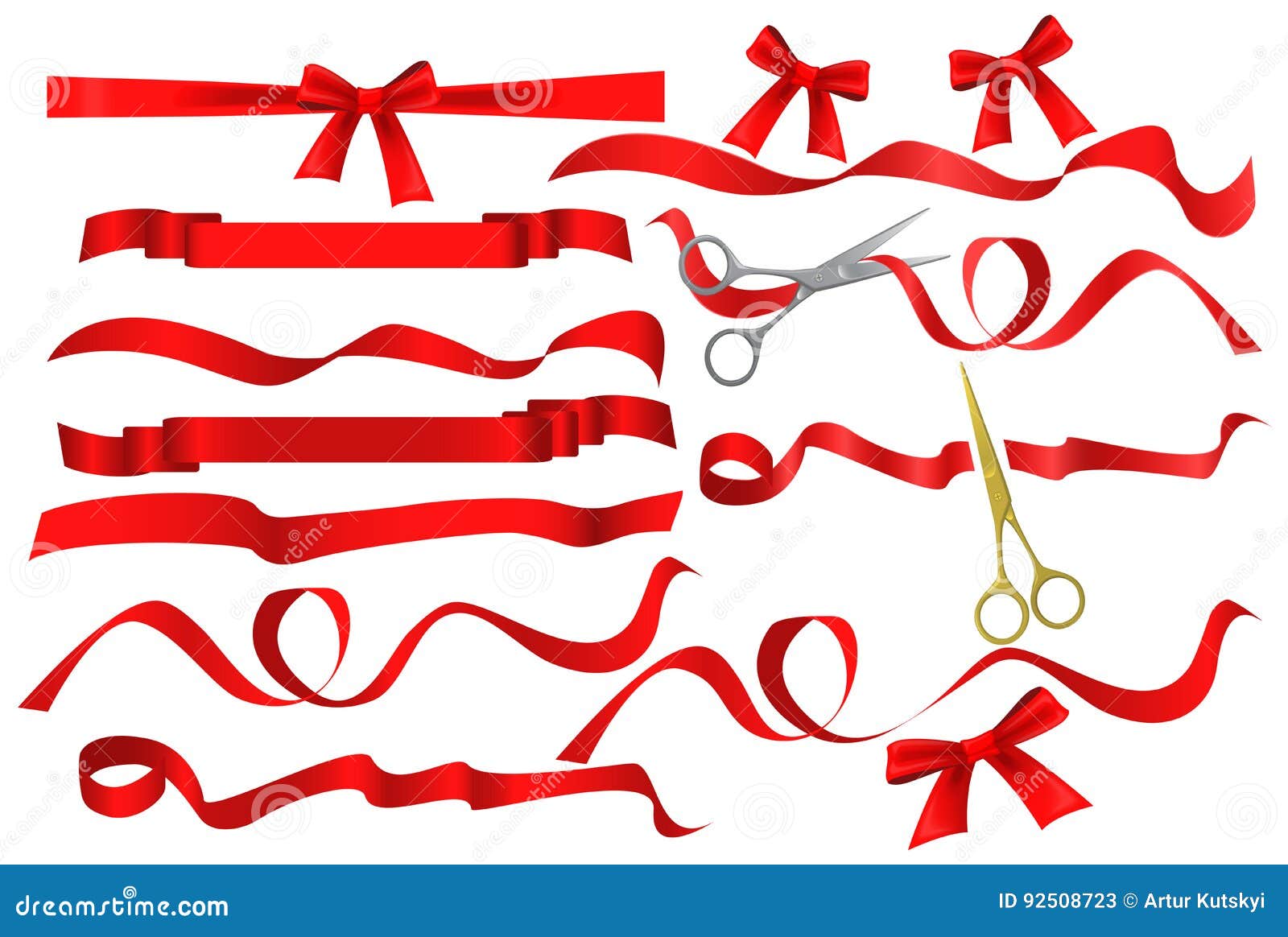metal chrome and golden scissors cutting red silk ribbon. realistic opening ceremony s tapes ribbons and scissors