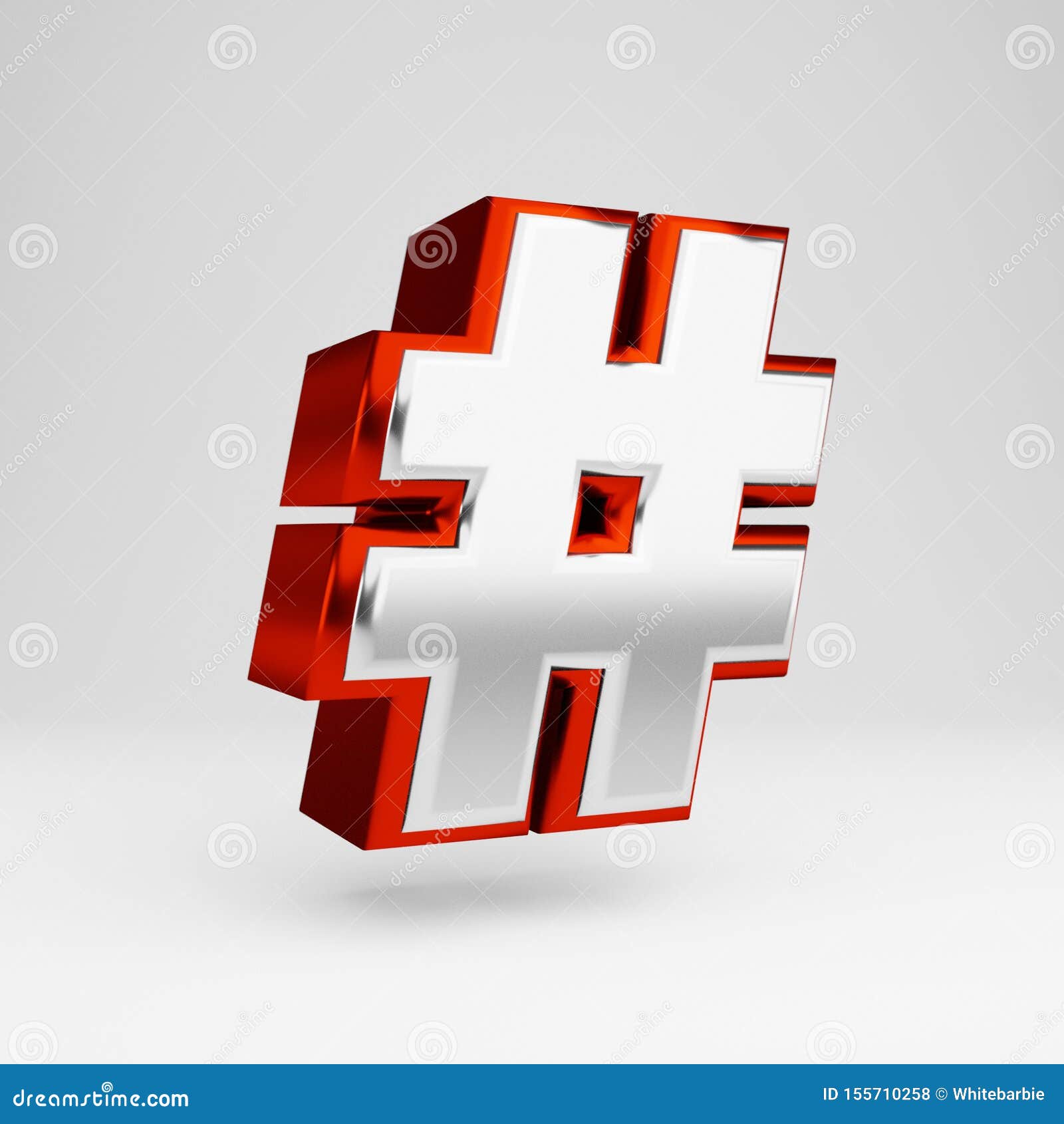 Metal 3d Hashtag Symbol. Metallic Red and White Font Isolated on White