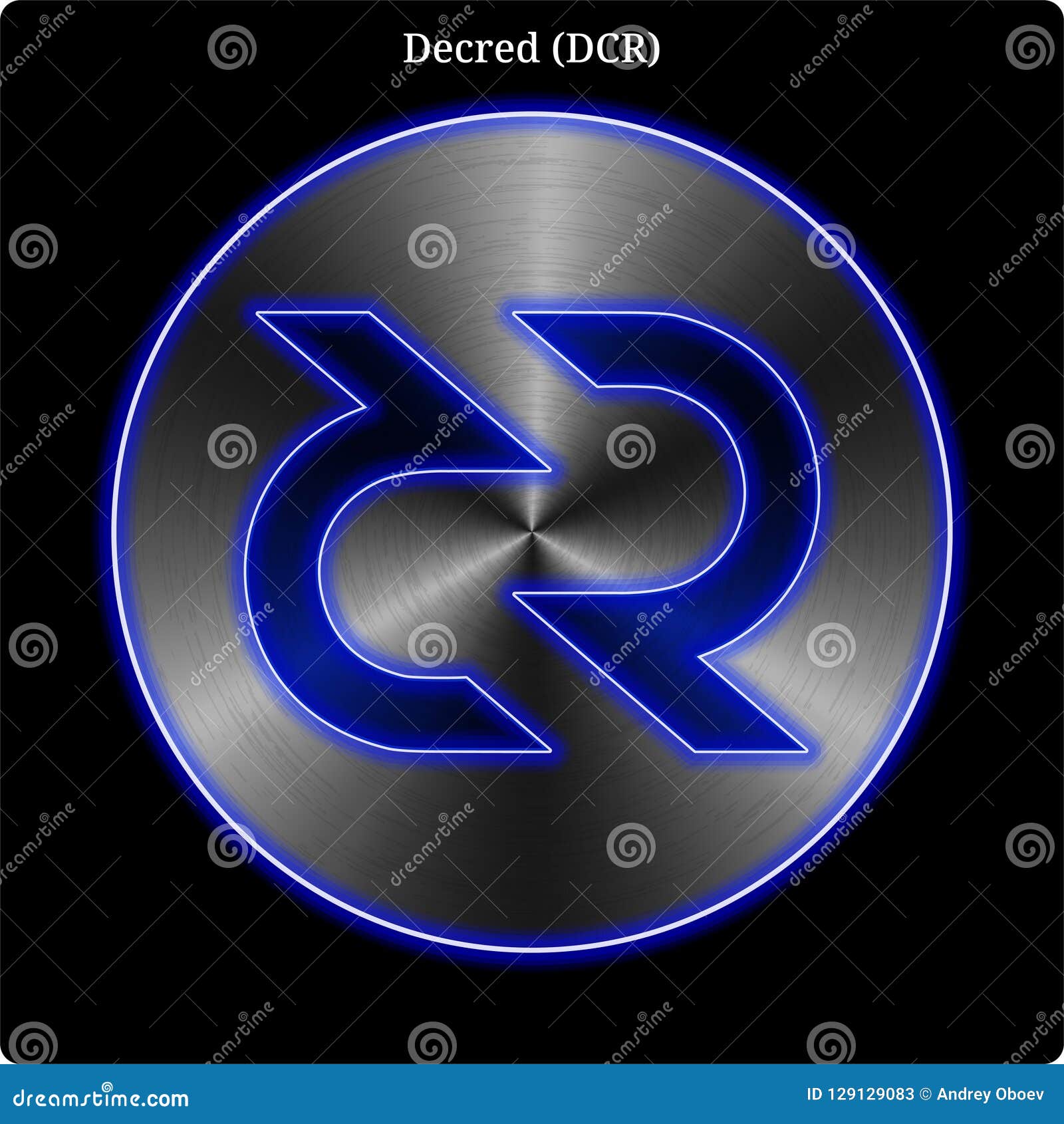 metal decred (dcr) coin witn blue neon glow.