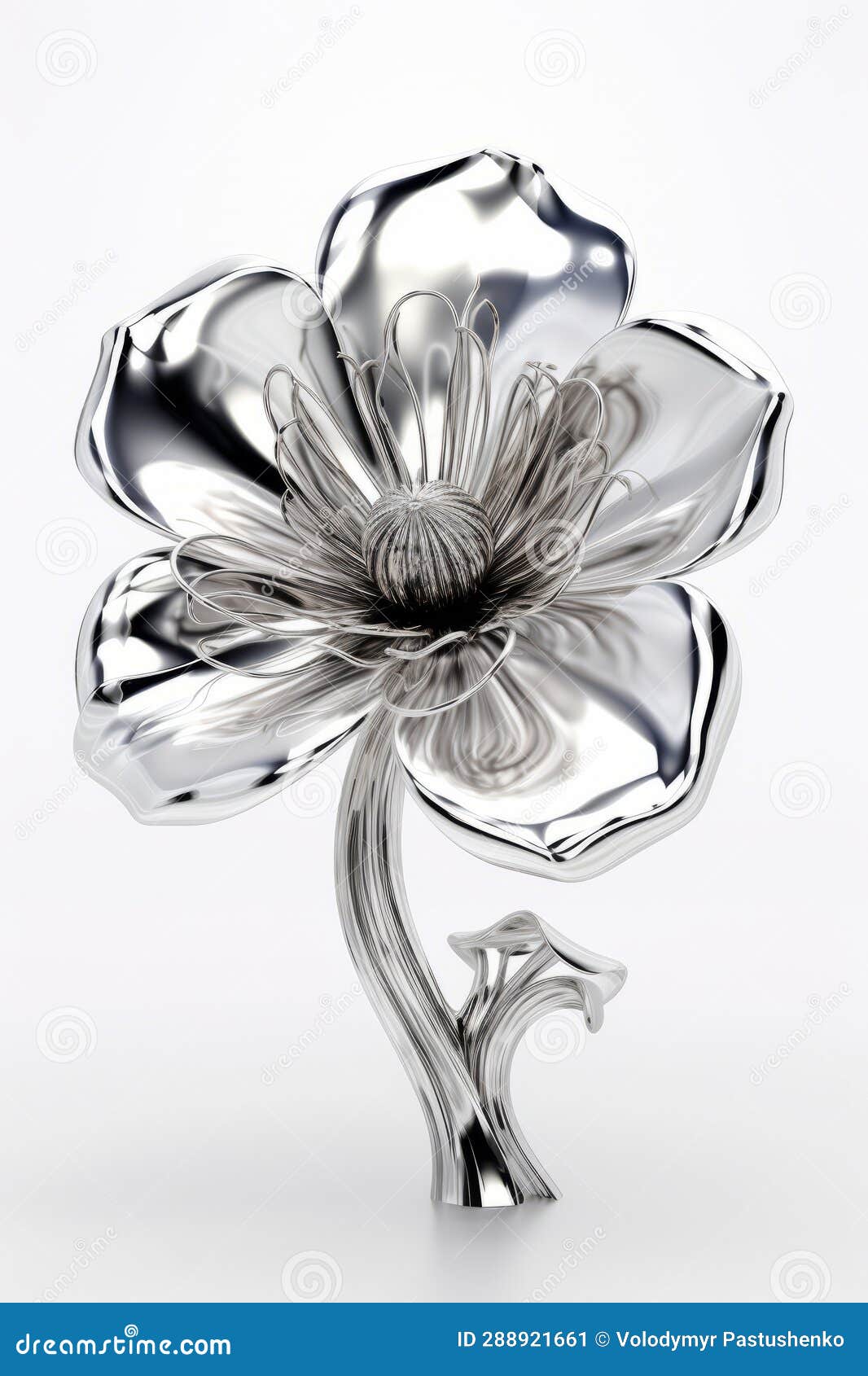 Metal Flower with Stem on White Background with Reflection of the
