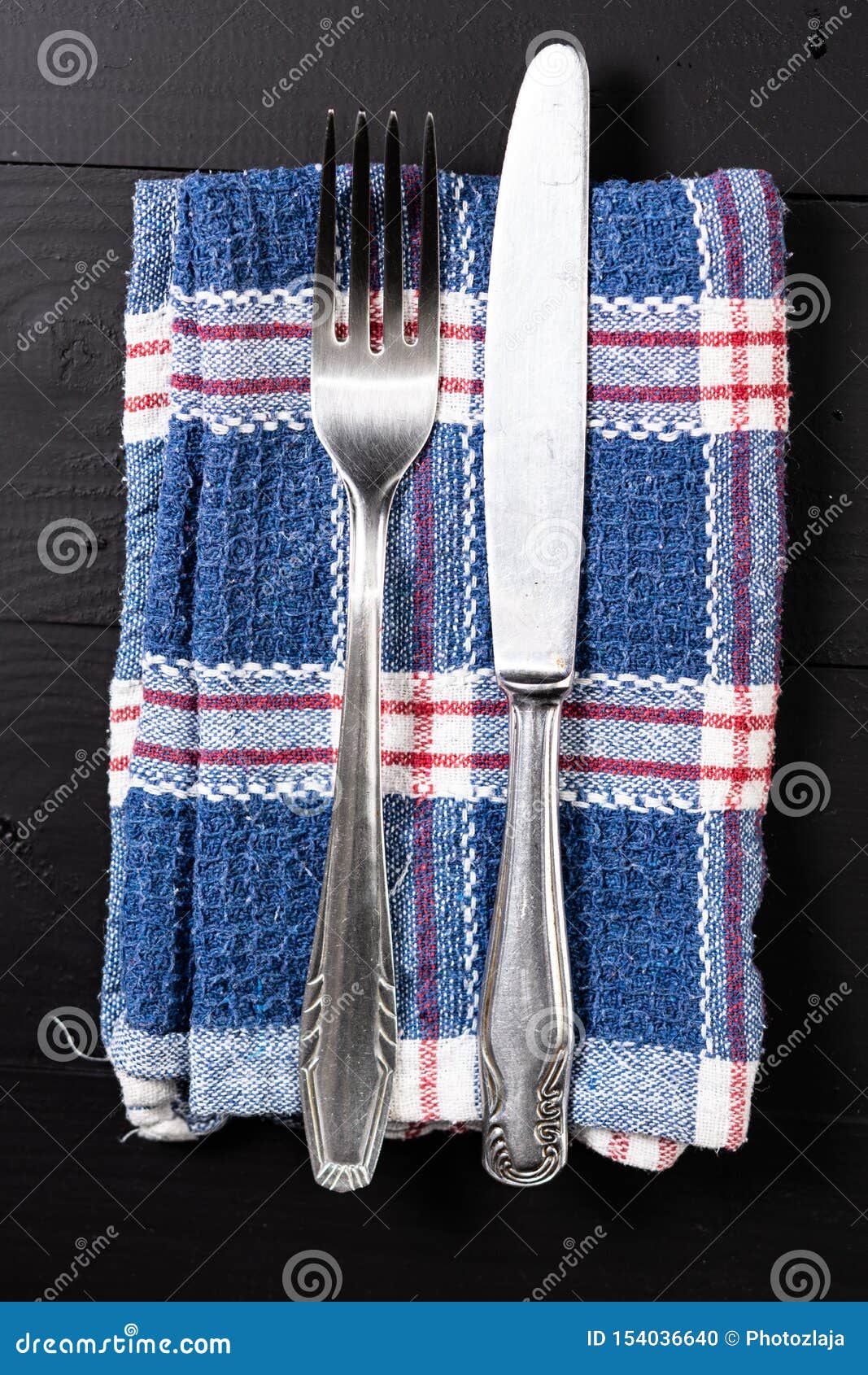Metal Fork and Knife on the Blue Kitchen Tablecloth Stock Photo Image of fork, food 154036640