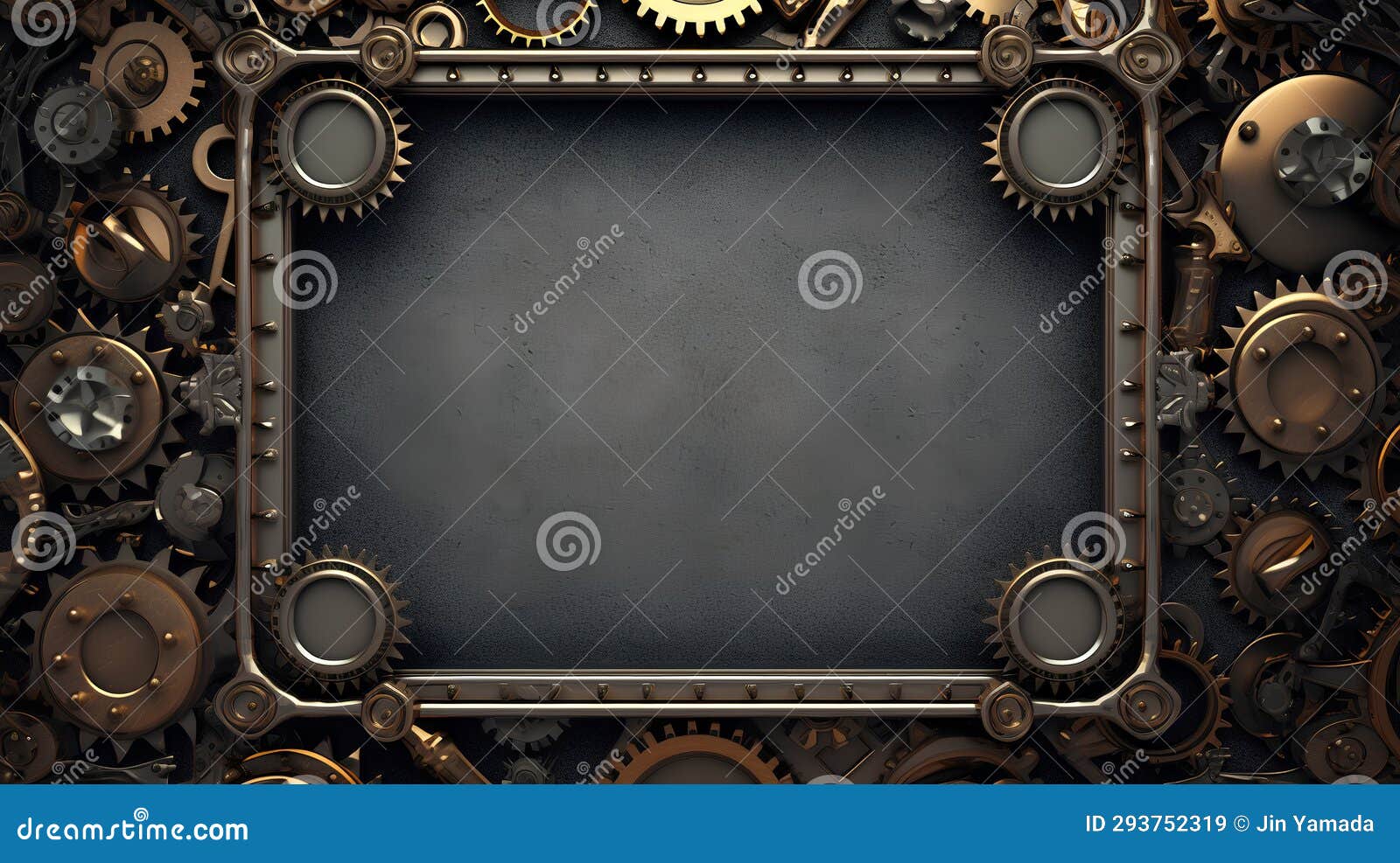 Metal Frame with Gears and Cogwheels on Concrete Background. 3d