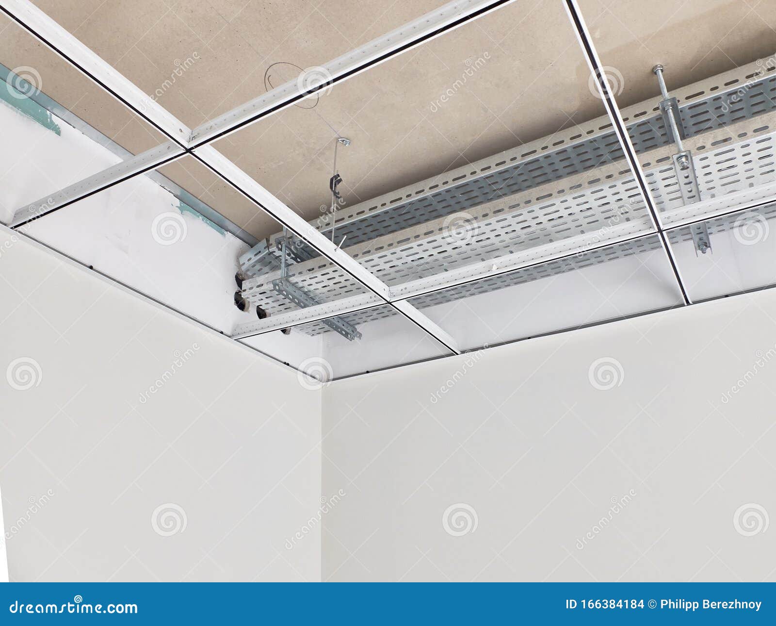 Metal Frame of Suspended Ceilings. Making of False Ceilings Stock Photo