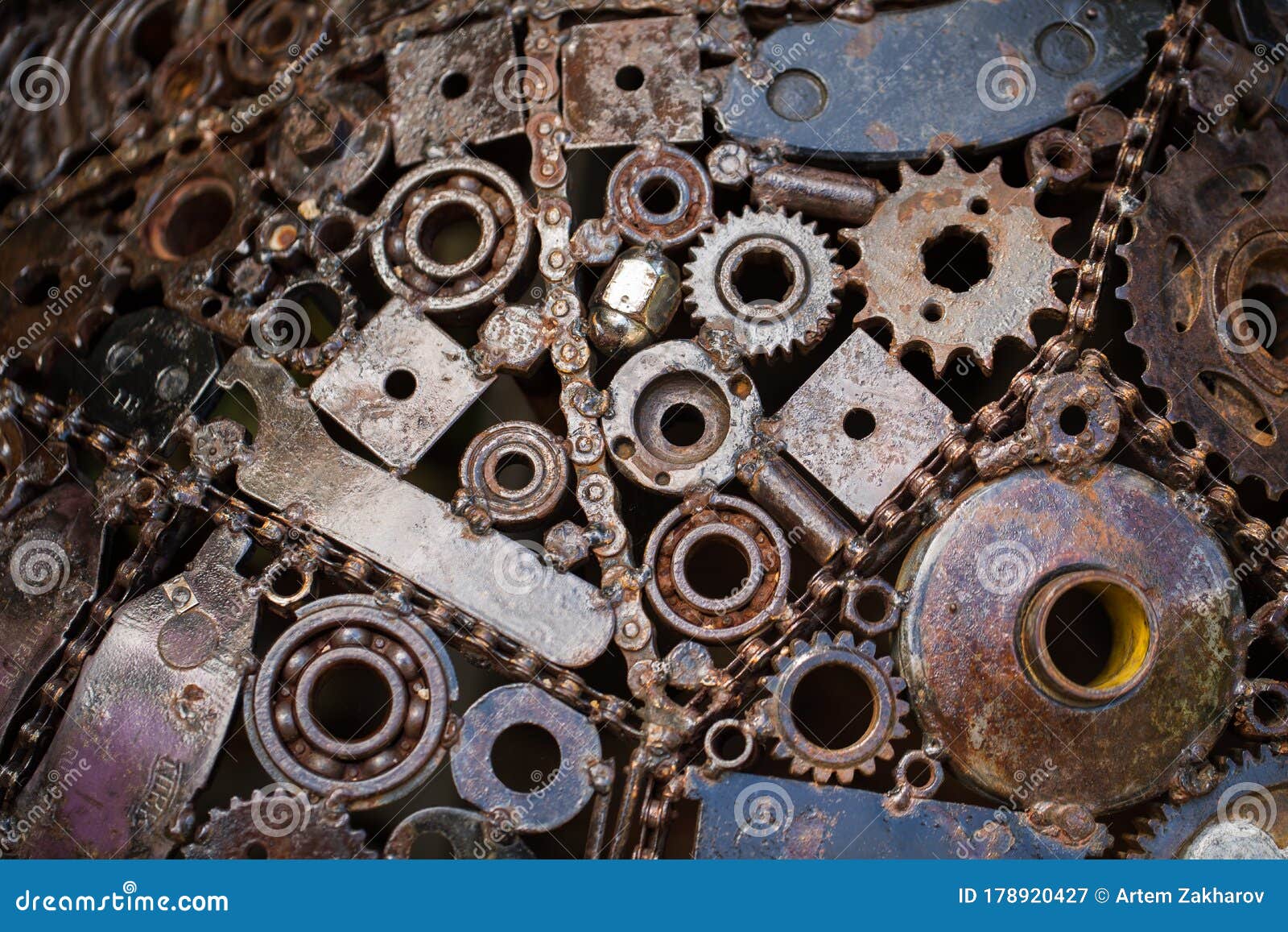 Metal Gears are Glued Together. the Statue is Made of Metal. Stock