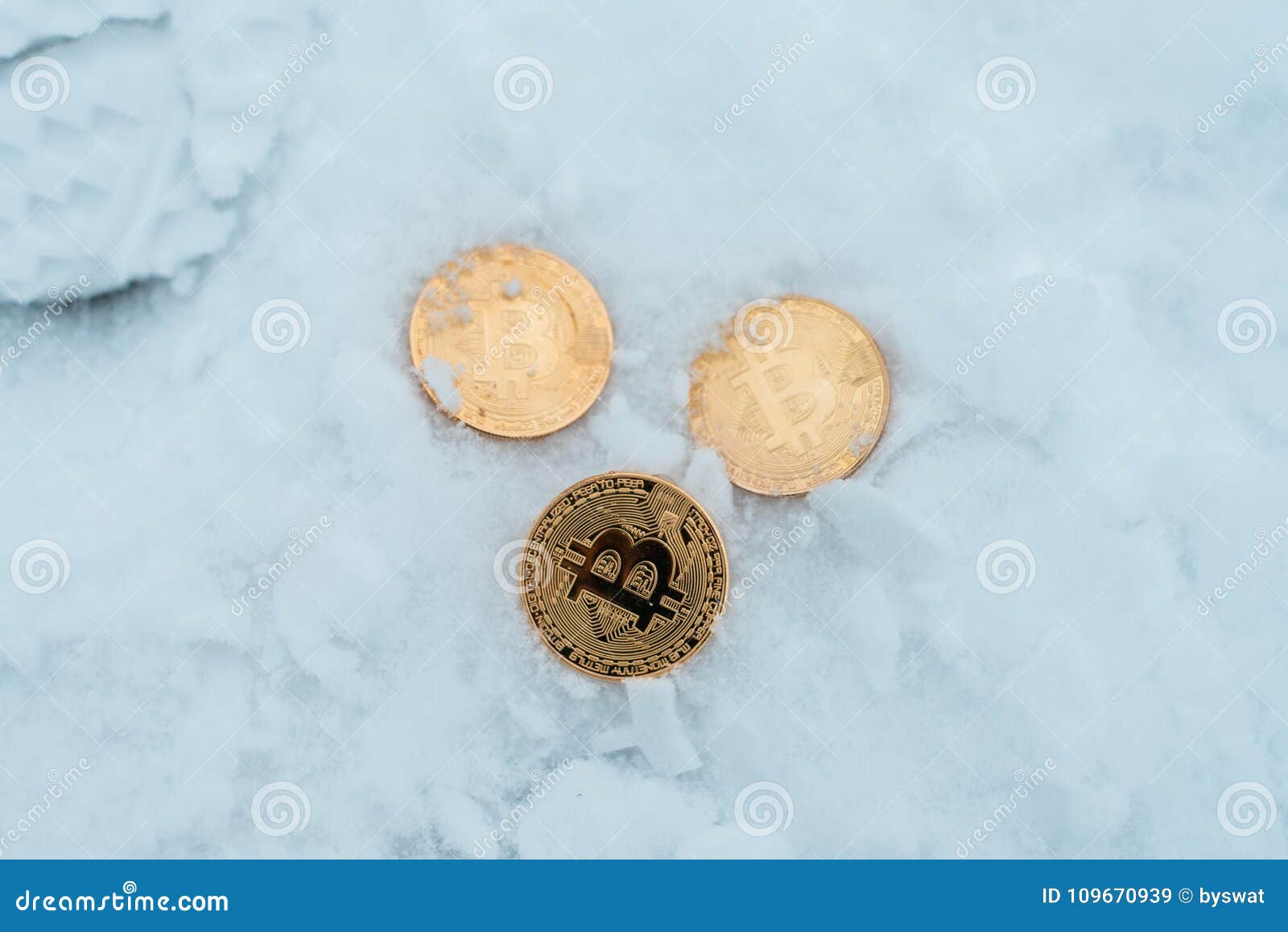 Metal Gold Coins Bitcoin, Crypto Currency In Winter On ...