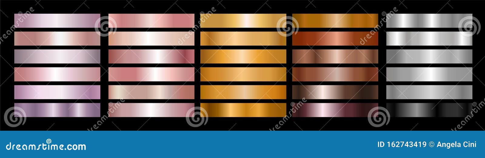 metal gradient collection of rose gold, golden, bronze and silver swatches