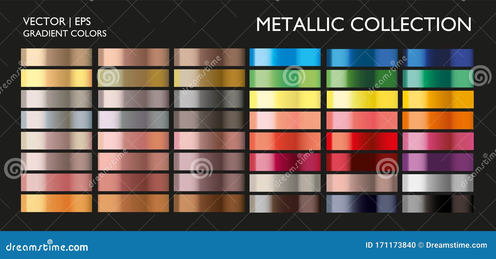 Metal gradient set. Metallic gold color. Silver, chrome, bronze colourful palette collection. Metal gradient set. Metallic gold, silver, bronze colorful palette collection. Realistic 3D gradient.