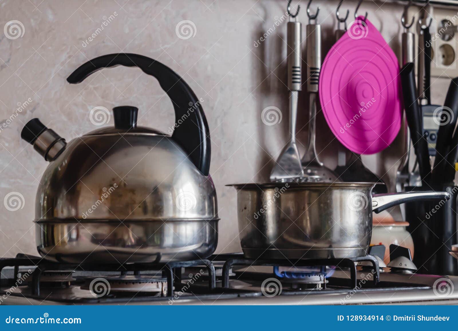 Metal Kettle and Pot on a Burning Gas Stove Stock Photo Image of blue