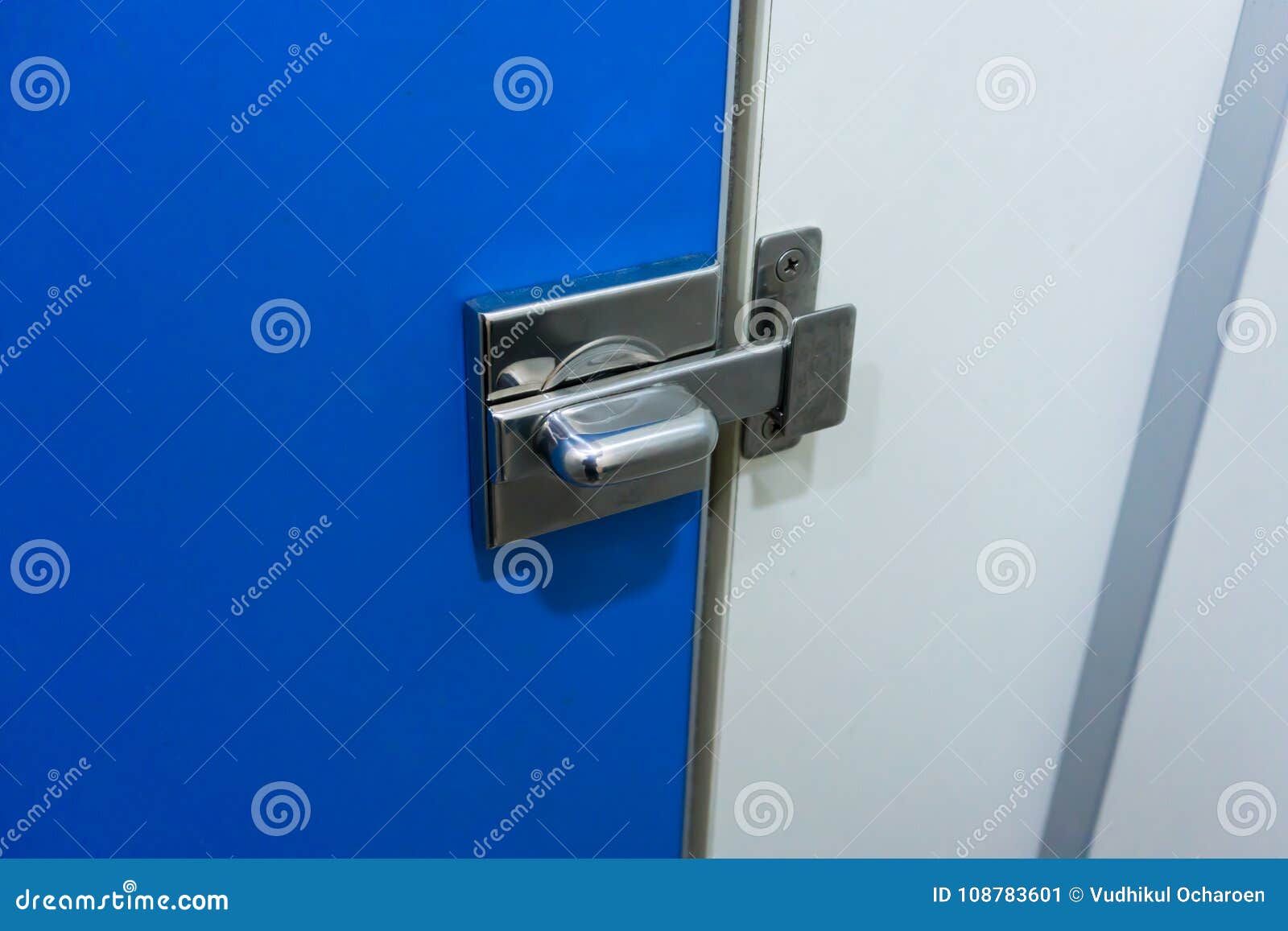 Metal Lock Latch for Lock the Toilet Blue Door Stock Image - Image of  interior, clean: 108783601