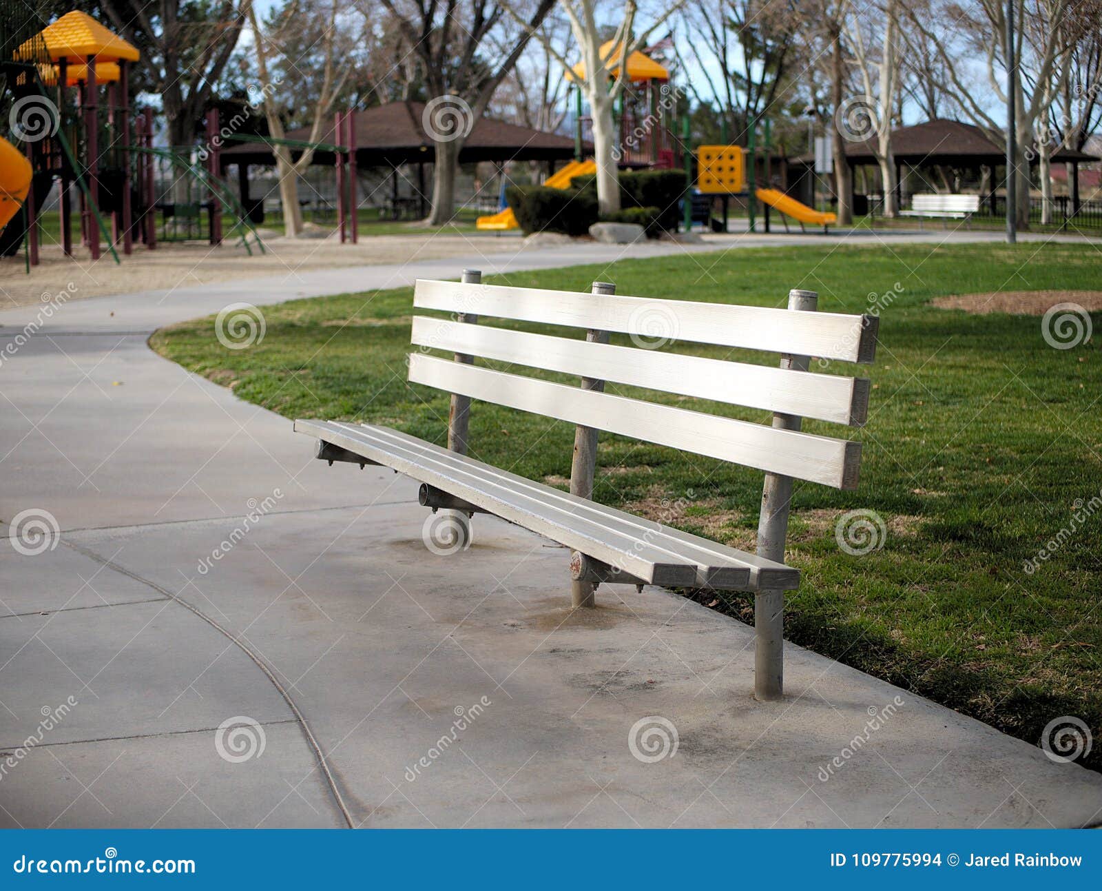 Metal Park Bench and Picnic Area in Park. Stock Photo Image of public