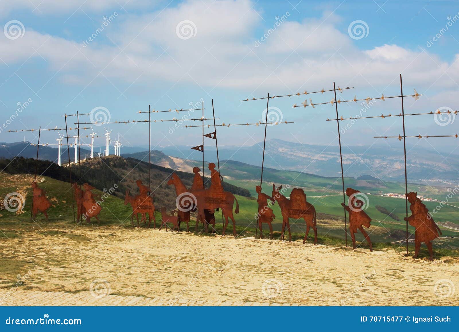 metal pilgrim statues in puerto del perdon mountain port, camino de santiago, navarra, spain