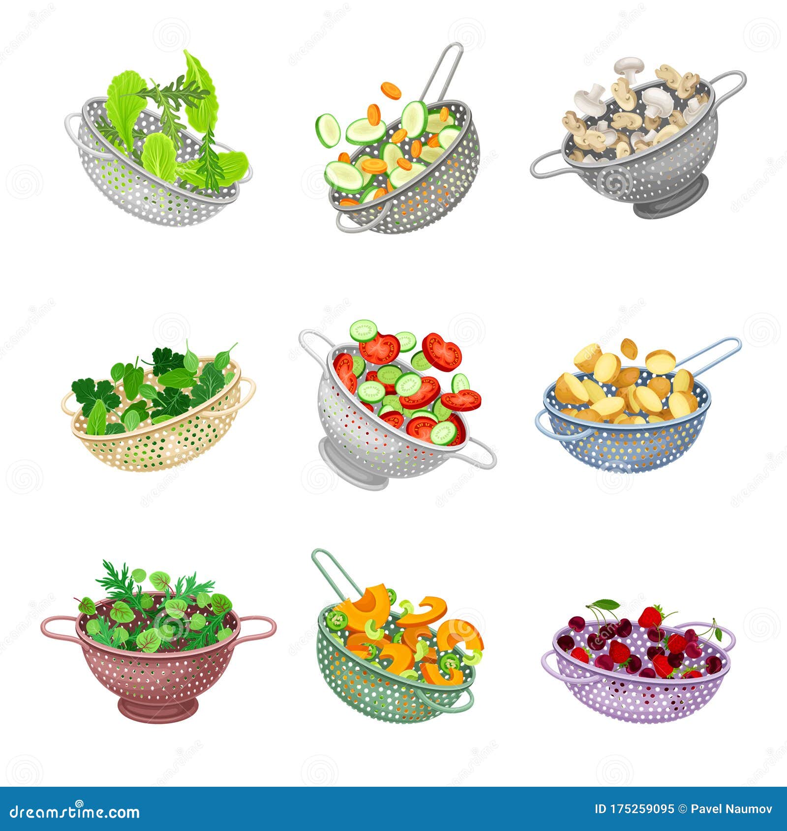 Metal and Plastic Kitchen Colanders or Strainers with Vegetables and