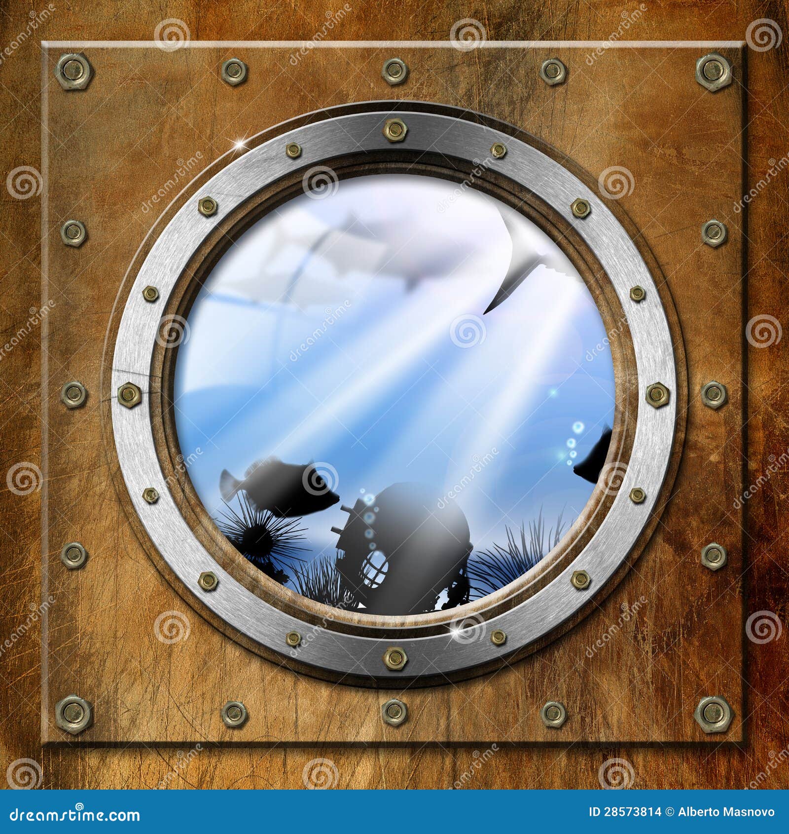 metal porthole with sea abyss landscape