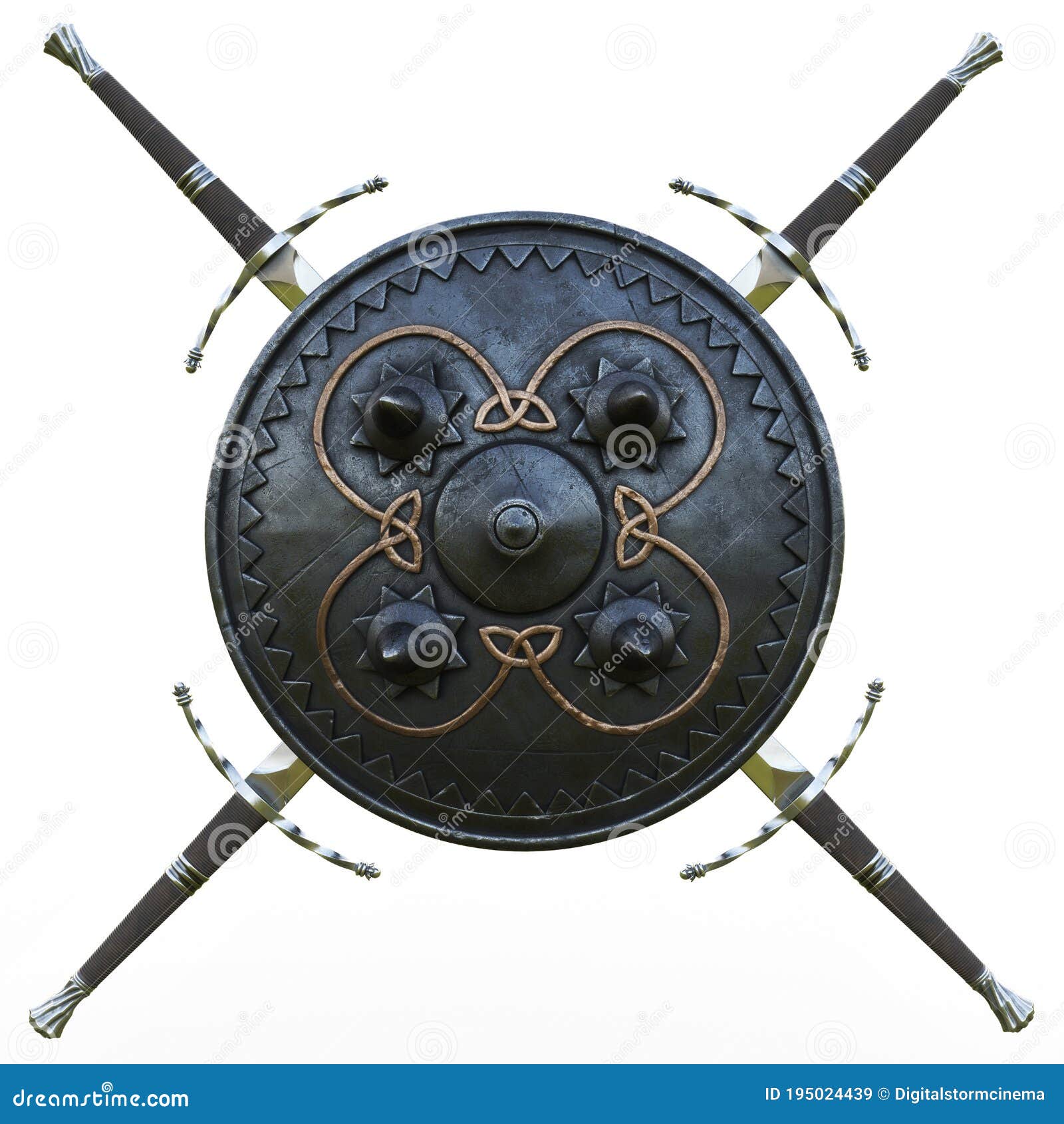 metal round shield with decorative s flanked by swords.