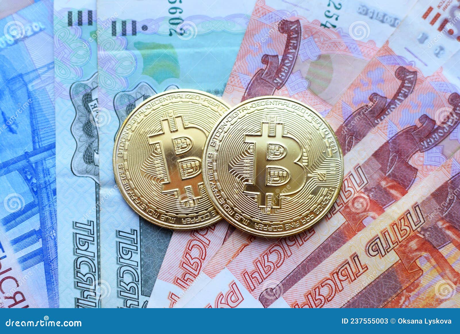 Metal Shiny Bitcoin Crypto Currency Coins on Rubles ...