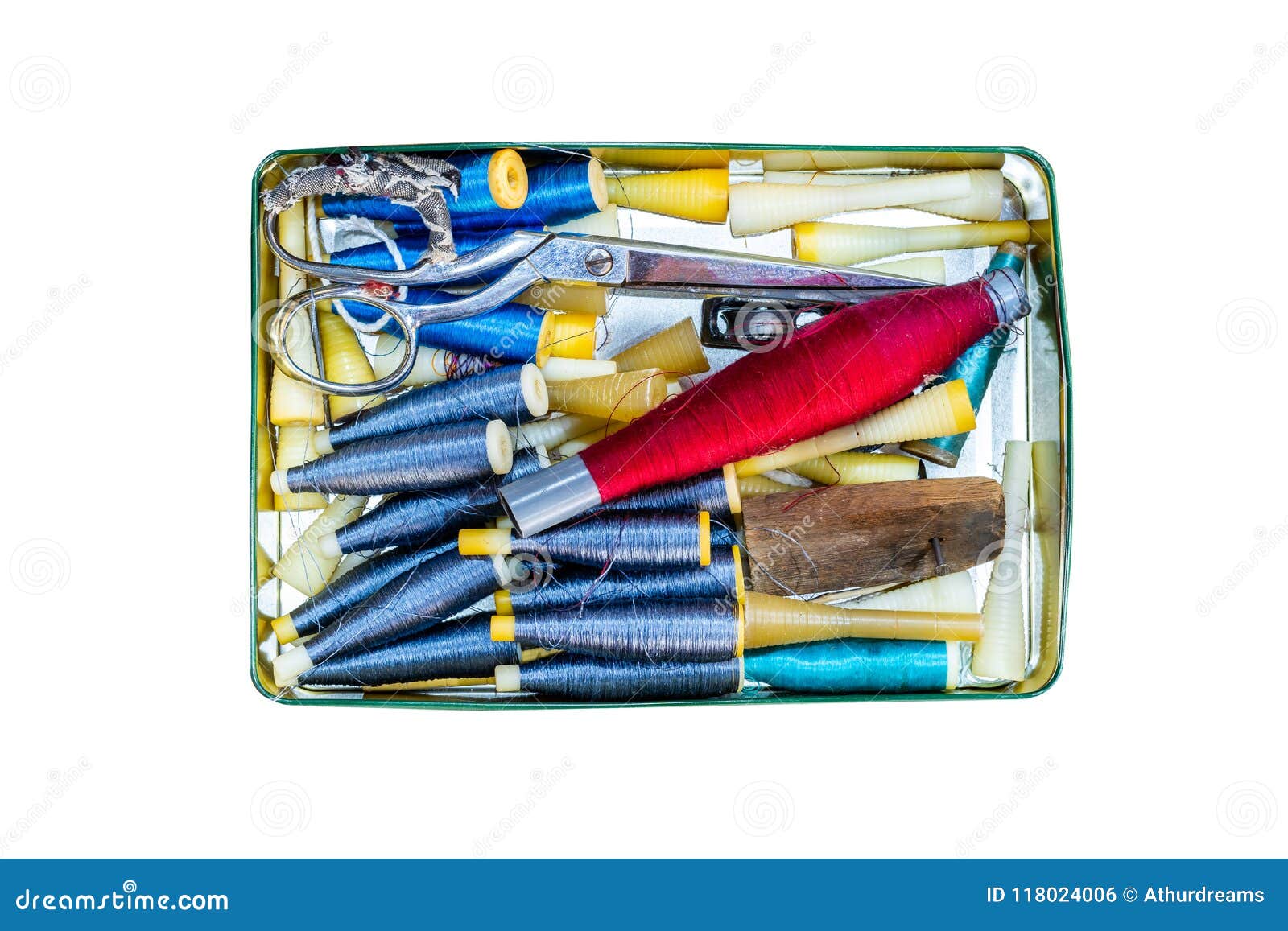 Metal Storage Box with Threads and Sewing Needlework Accessories Stock