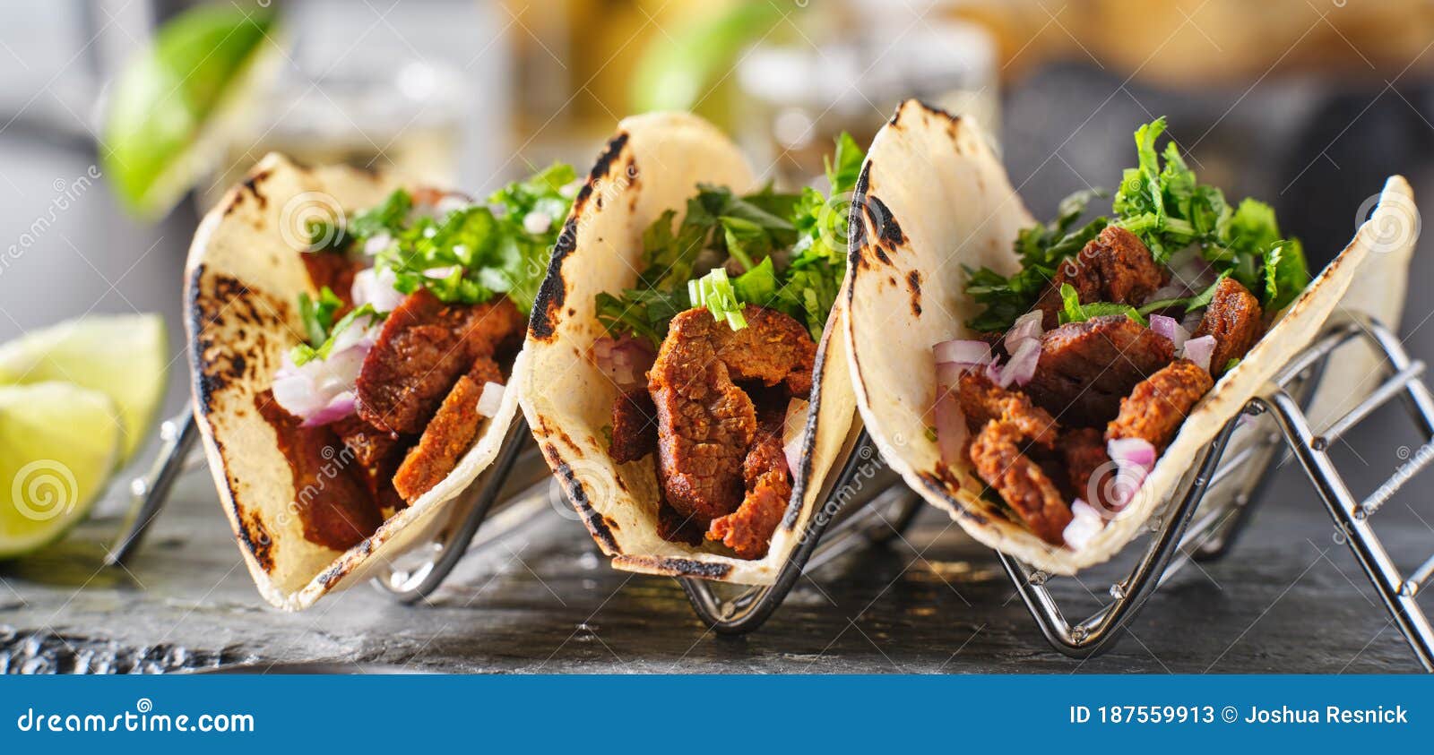 Metal Taco Holder with Three Mexican Carne Asada Street-tacos