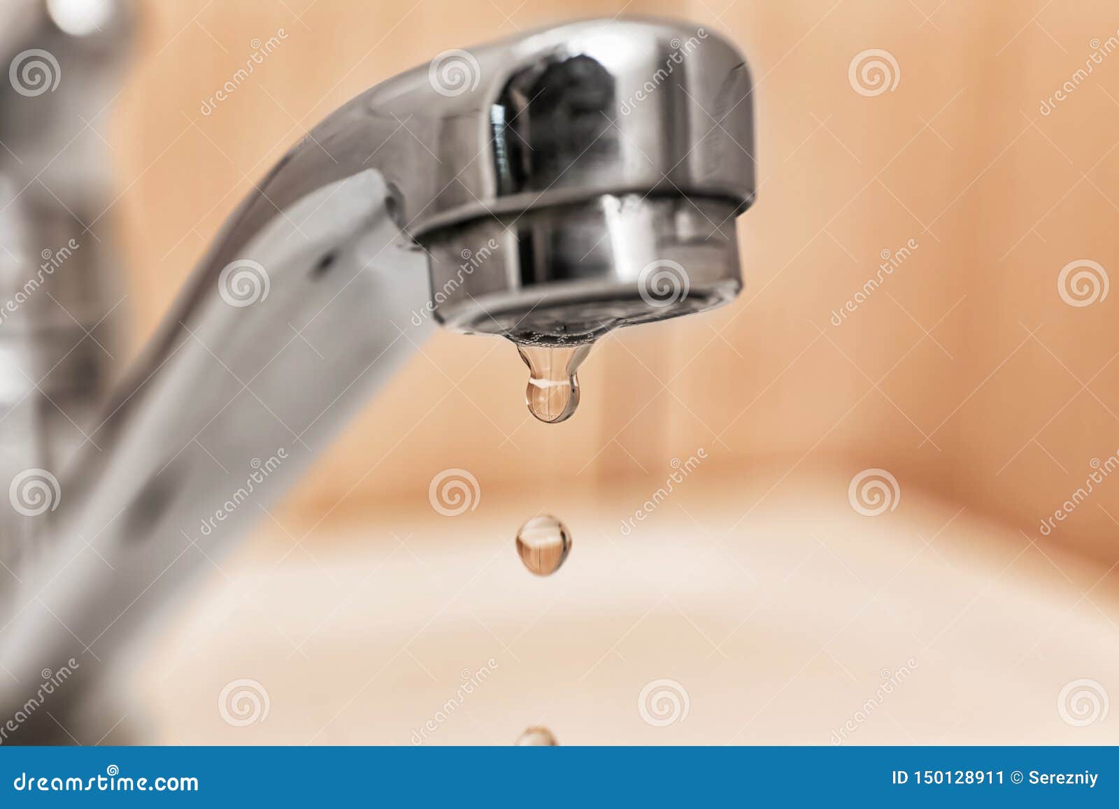 Metal Tap with Dripping Water, Closeup. Water Saving Concept Stock