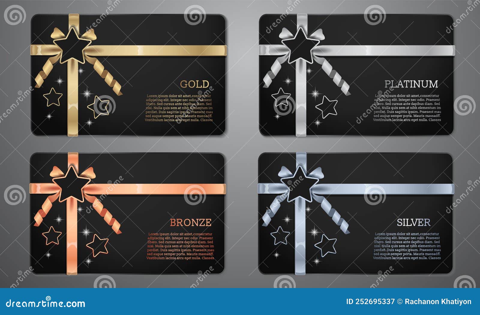 Metalic Star And Ribbon On Black Card, Gold, Platinum, Silver, Bronze ...