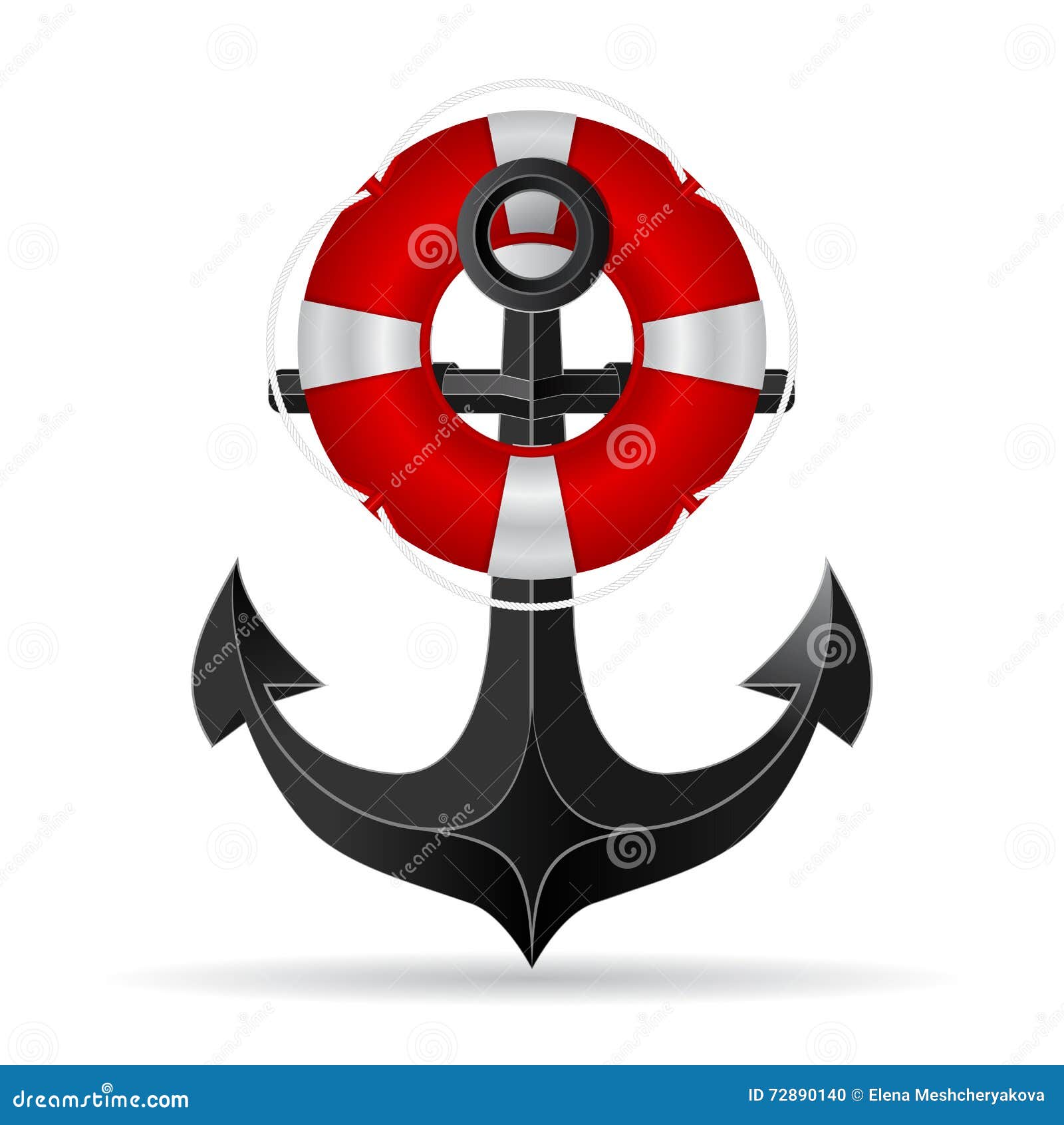 Metallic Anchor and Life Preserver Hanging on it. Stock Vector