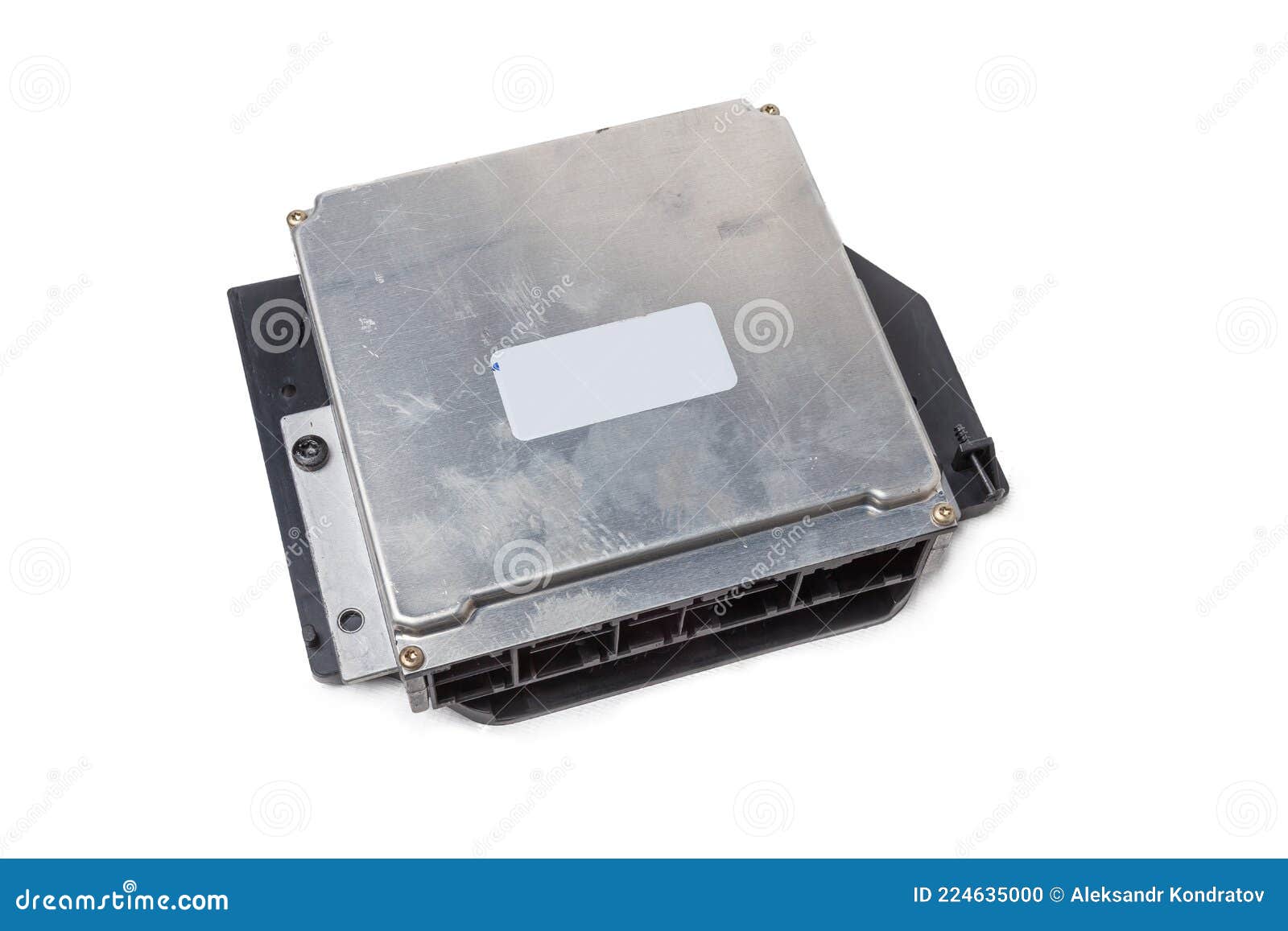 metallic car engine control unit with plastic s on a white  background is connecting center of various subsystems,