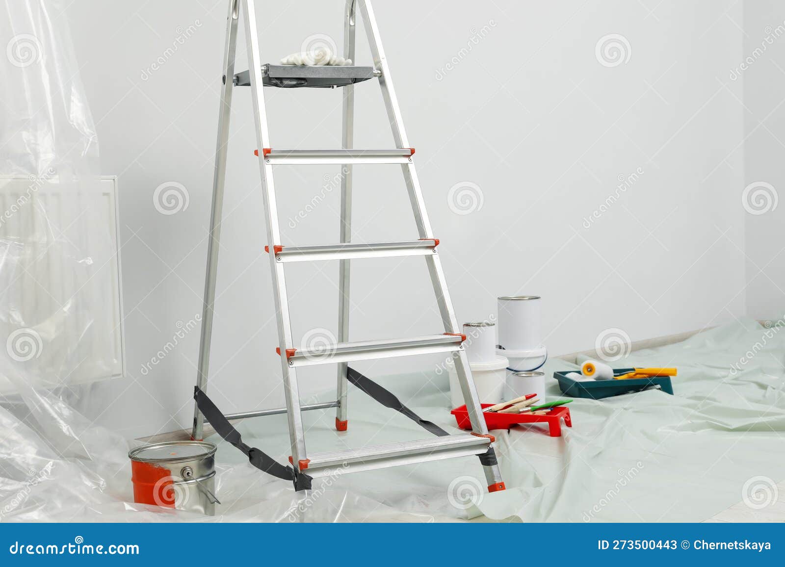 Metallic Folding Ladder and Painting Tools Indoors Stock Image Image
