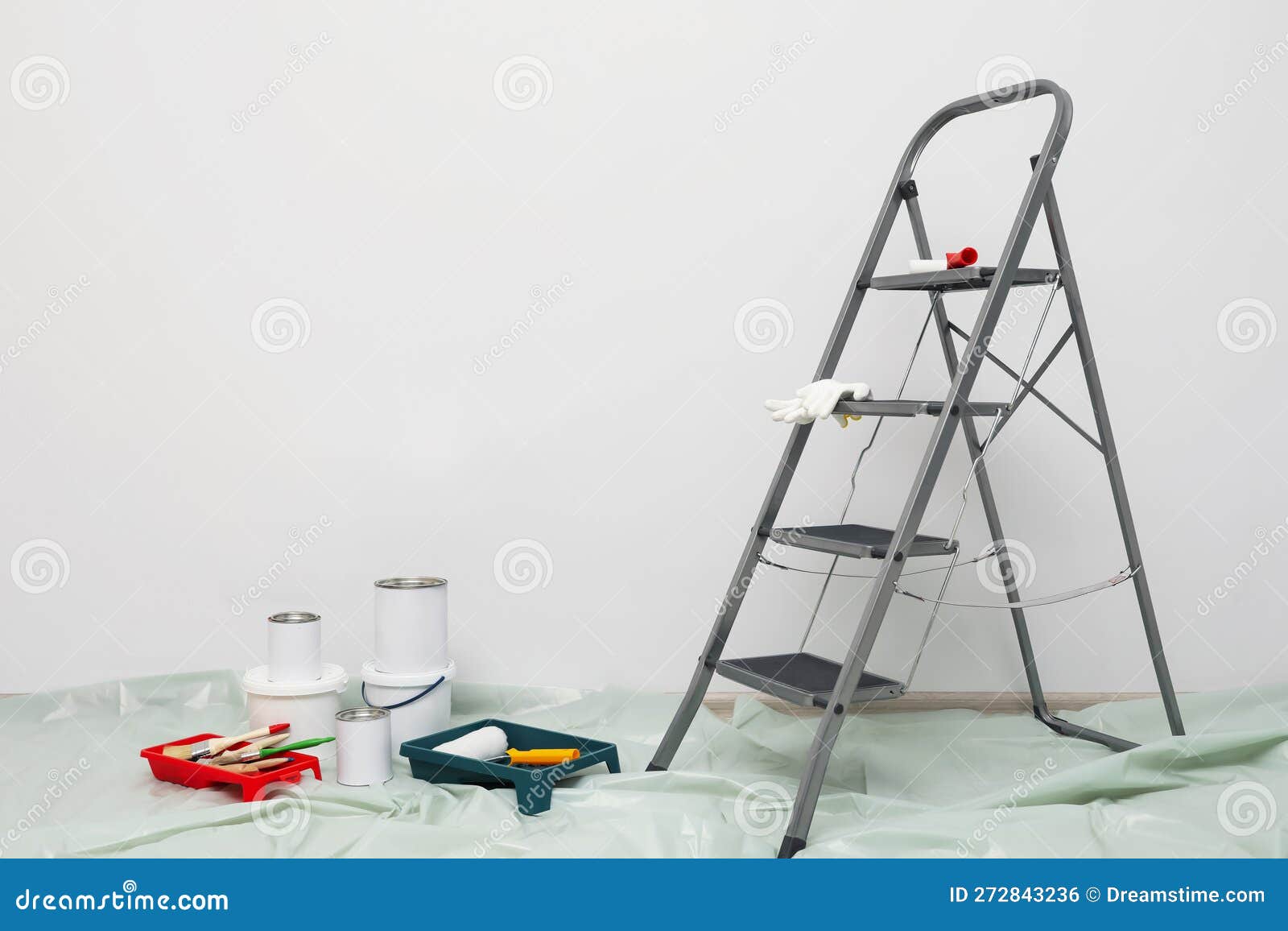 Metallic Folding Ladder and Painting Tools Indoors, Space for Text