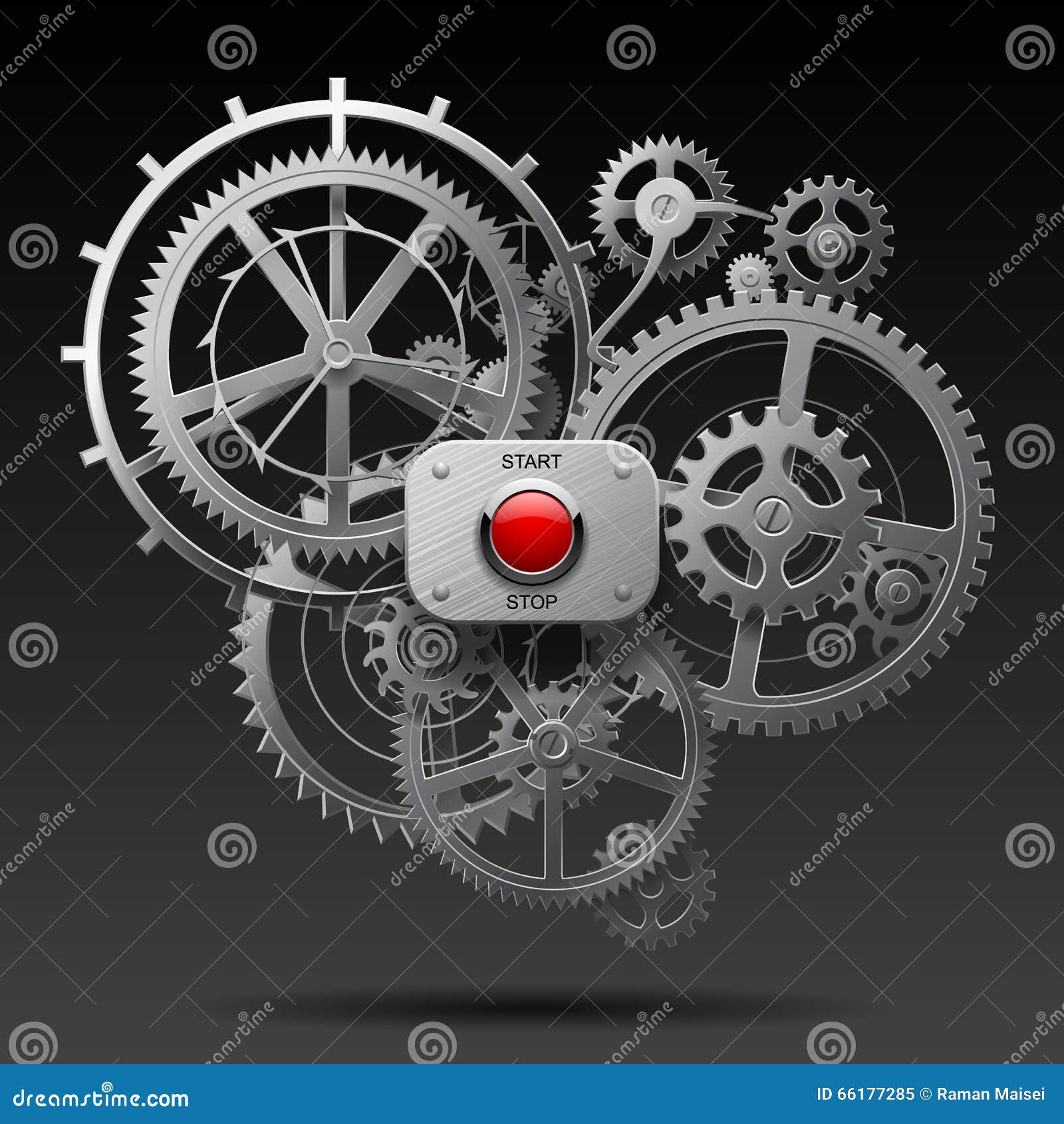 Metallic Gear Wheels of Clockwork with Start and Stop Red Button Stock