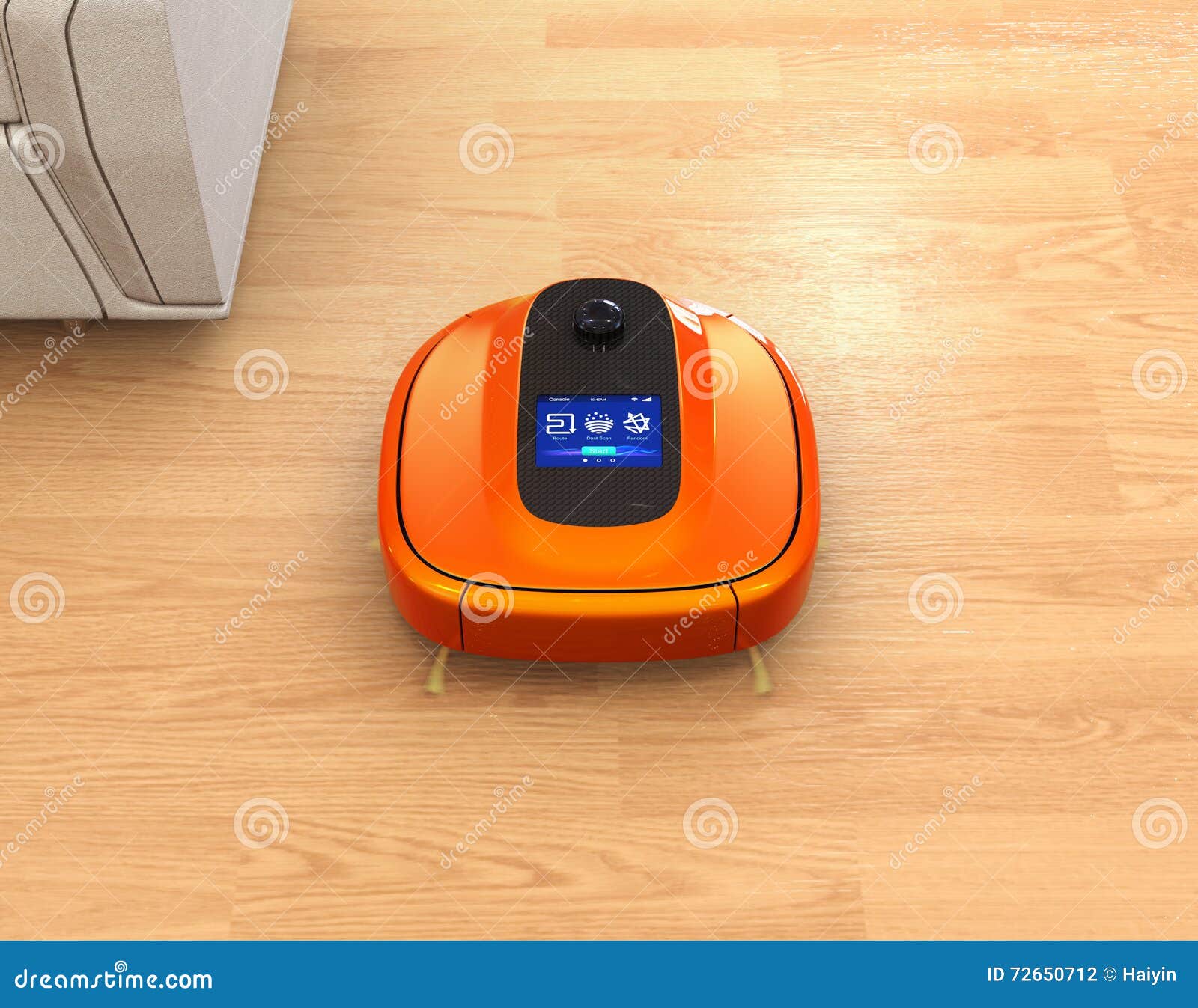 Metallic Orange Robotic Vacuum Cleaner Moving on Flooring Stock