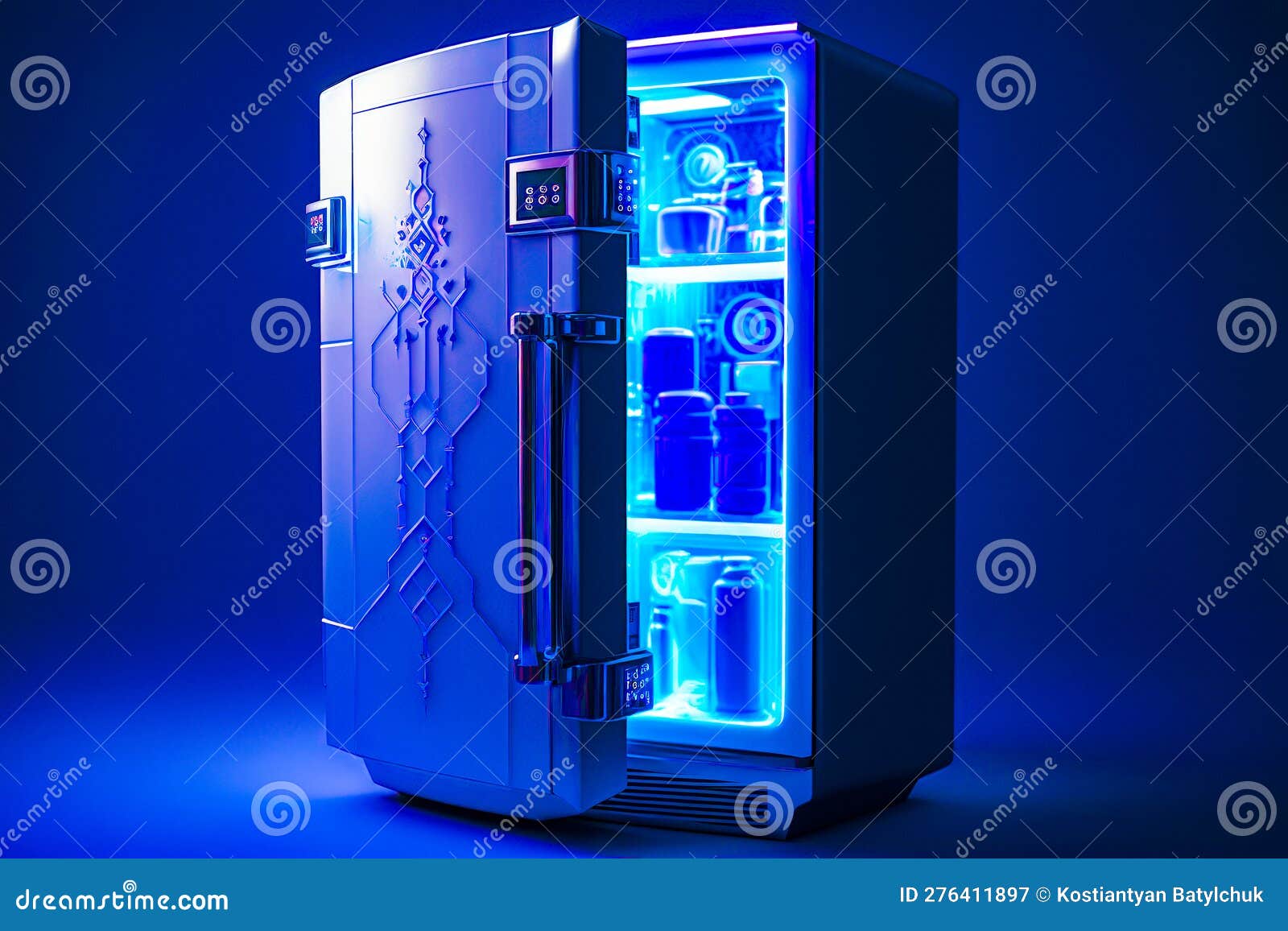 Metallic Refrigerator with Blue Lights on it S Sides and Blue Light