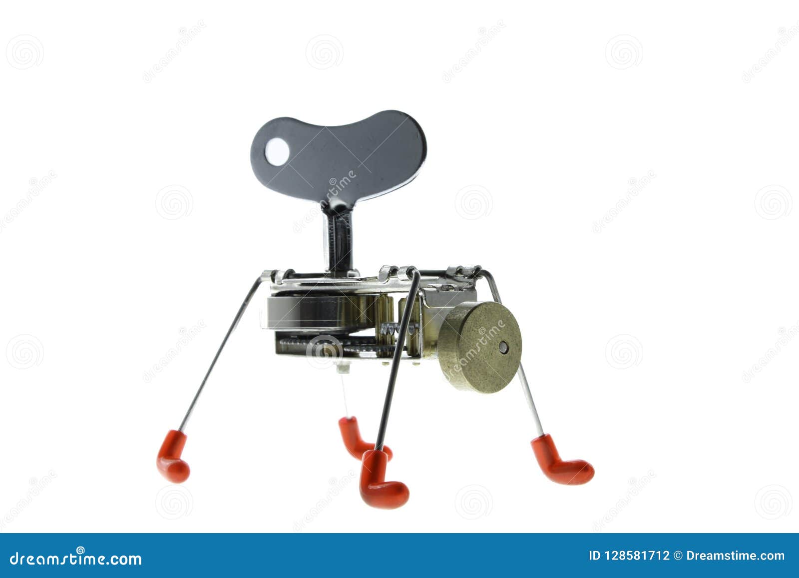 metallic robot with red feet to rope in different positions