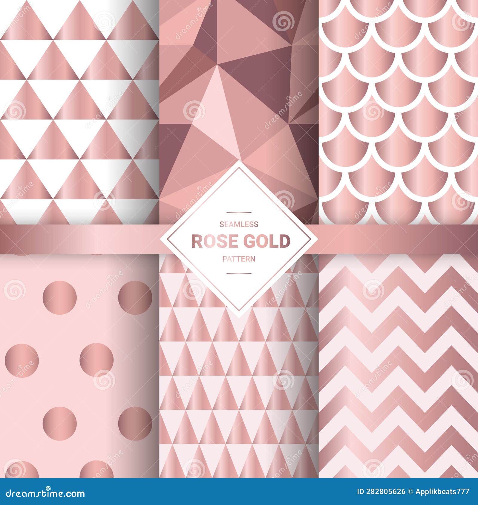Metallic Rose Gold Seamless Patterns. Geometric Pink Gold Background