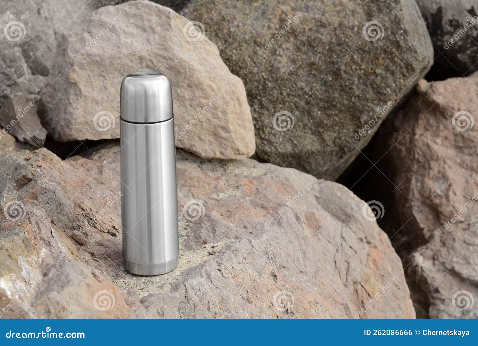 Aluminium Thermos Hot Drink On Rock Stock Photo 1922765516