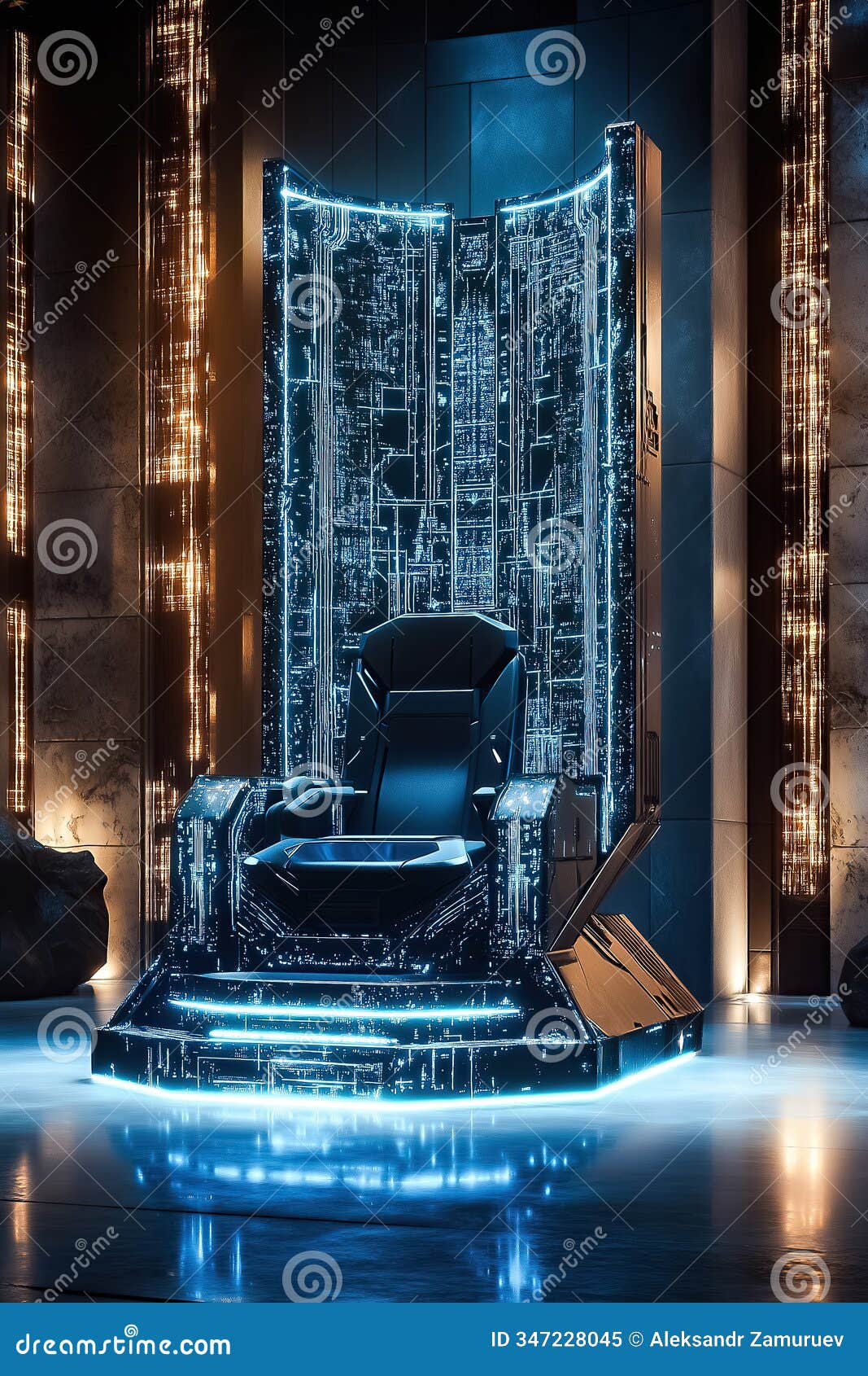 a metallic throne with glowing details stands out in a sleek, tech-filled futuristic setting