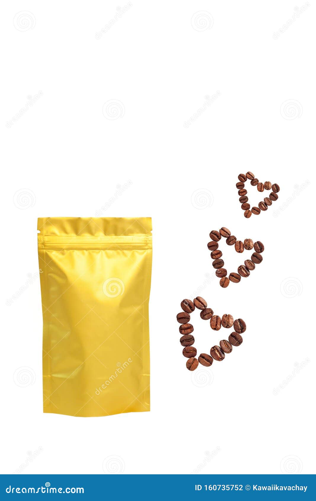 Download Metallized Pouch Bags With Heartshaped Coffee Beans Front View Isolated On A White Background Stock Photo Image Of Coffee Natural 160735752