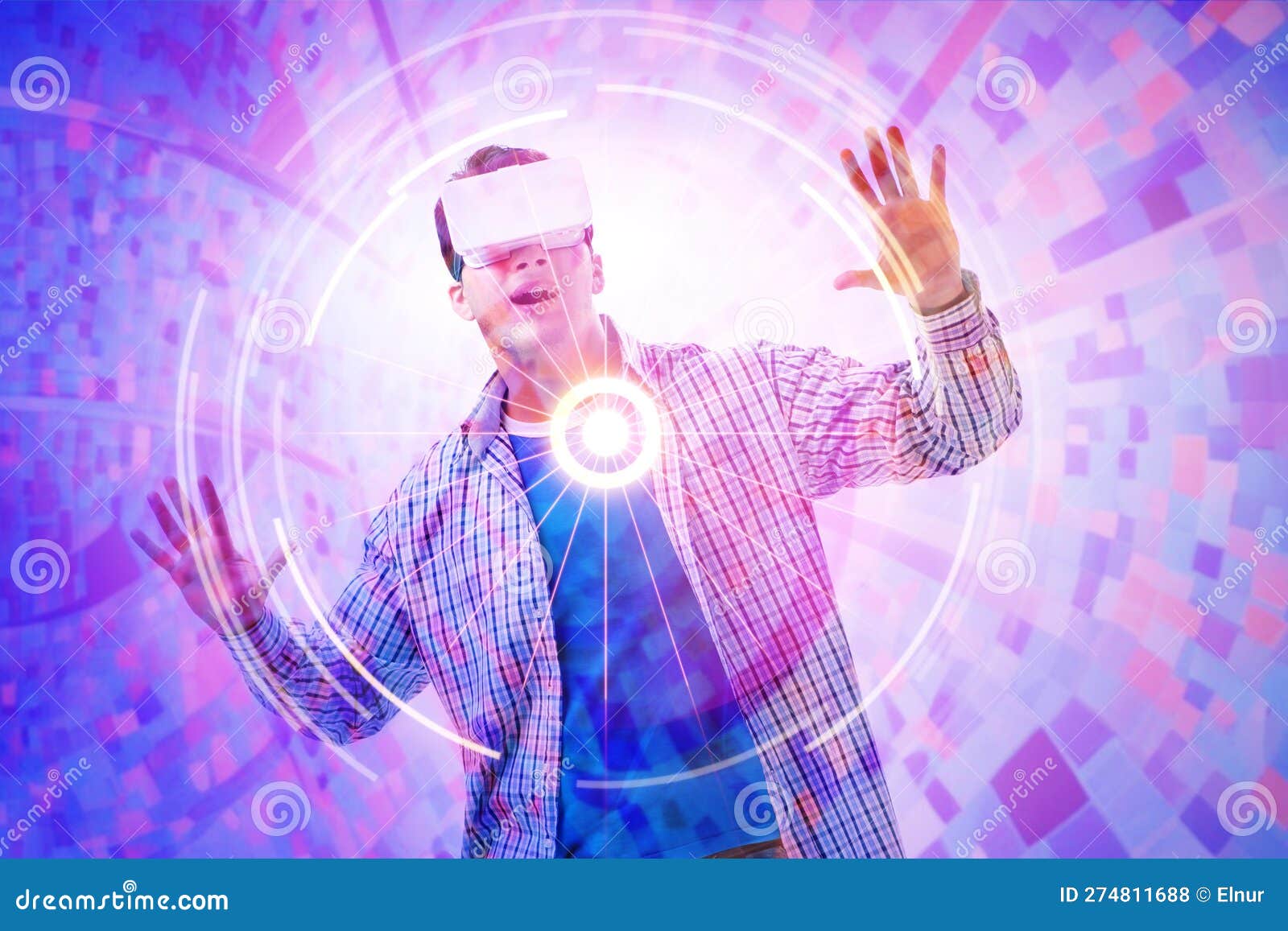 Metaverse Concept with Man and Virtual Reality Glasses Stock Photo