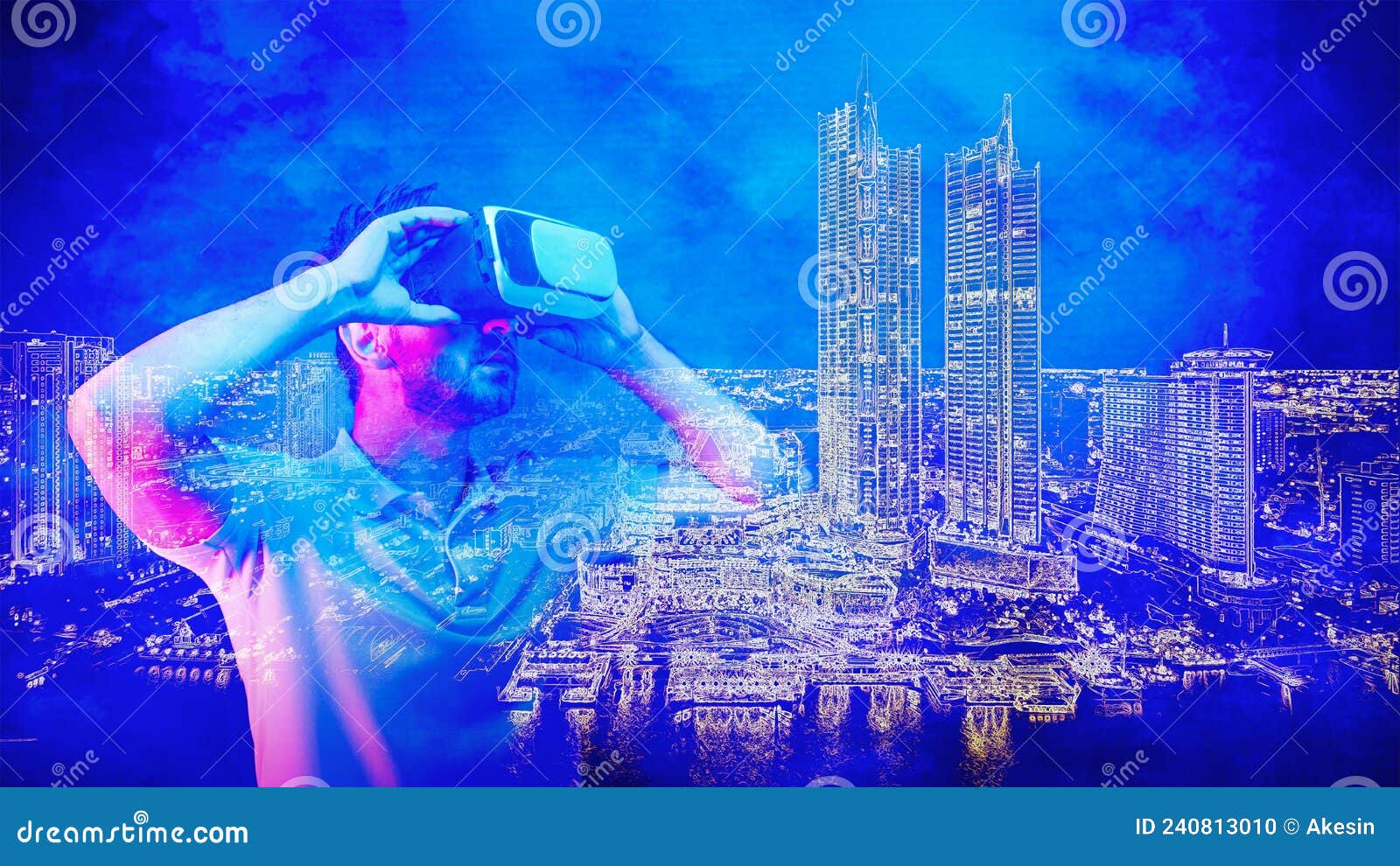 metaverse concept of man with vr headset in virtual city from ar and vr technology