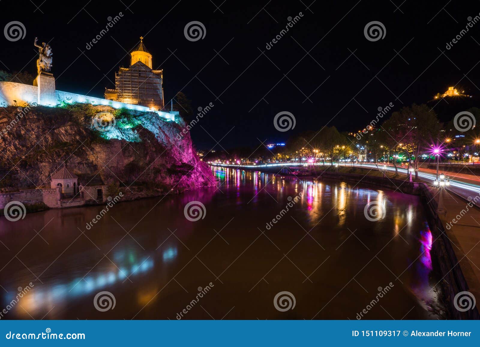 meteki church with river in front in tiflis at night