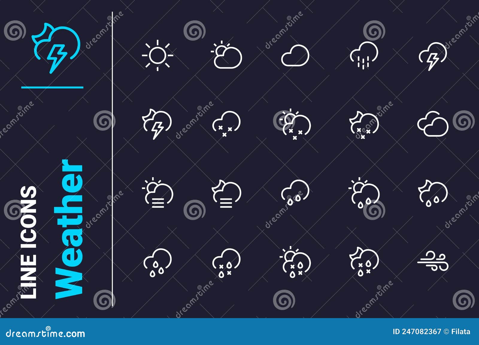 Meteorological weather forecast icons set vector illustration. Sun, clouds, snowflakes, wind, rainbow, moon line icon. Weather change concept