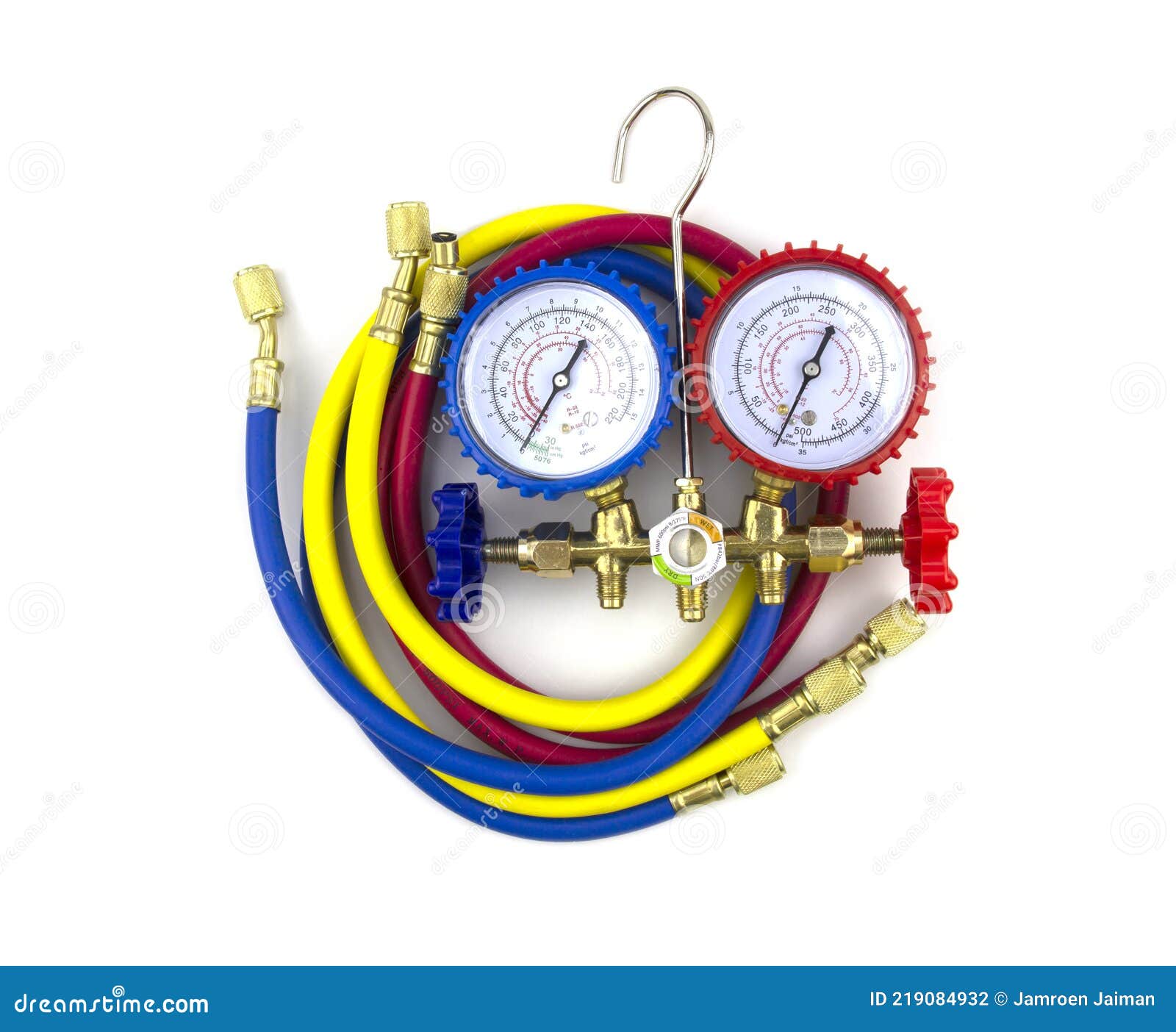 Meter or Pressure Gauge, Refrigerant on White Background Stock Photo