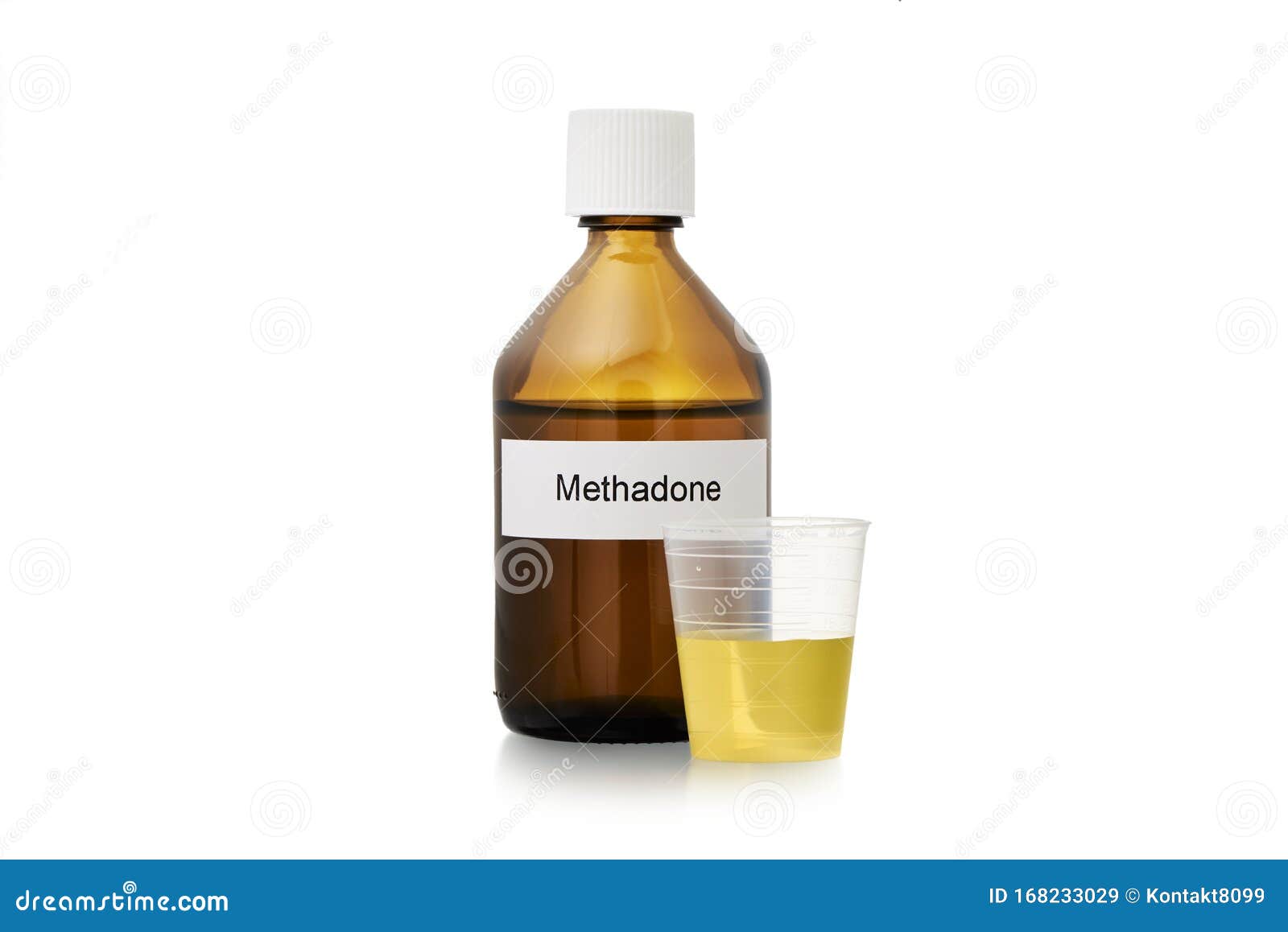 methadone - a brown medicine bottle with white lid and a white label. a dosing cup filled with metadon