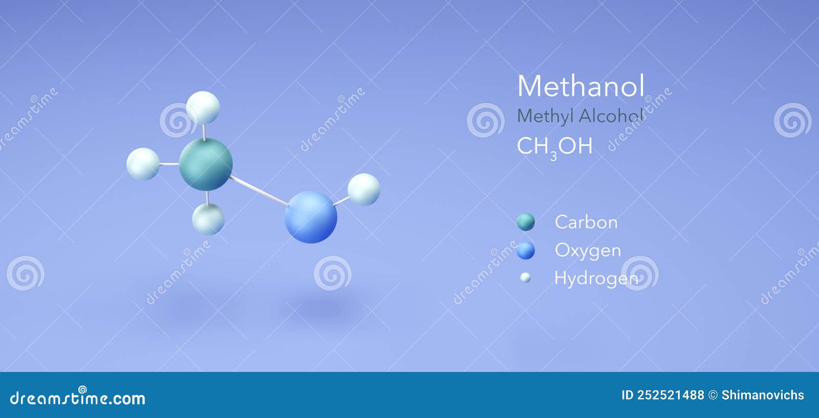 Methanol, Methyl Alcohol. Molecular Structure 3d Rendering, Structural Chemical Formula and