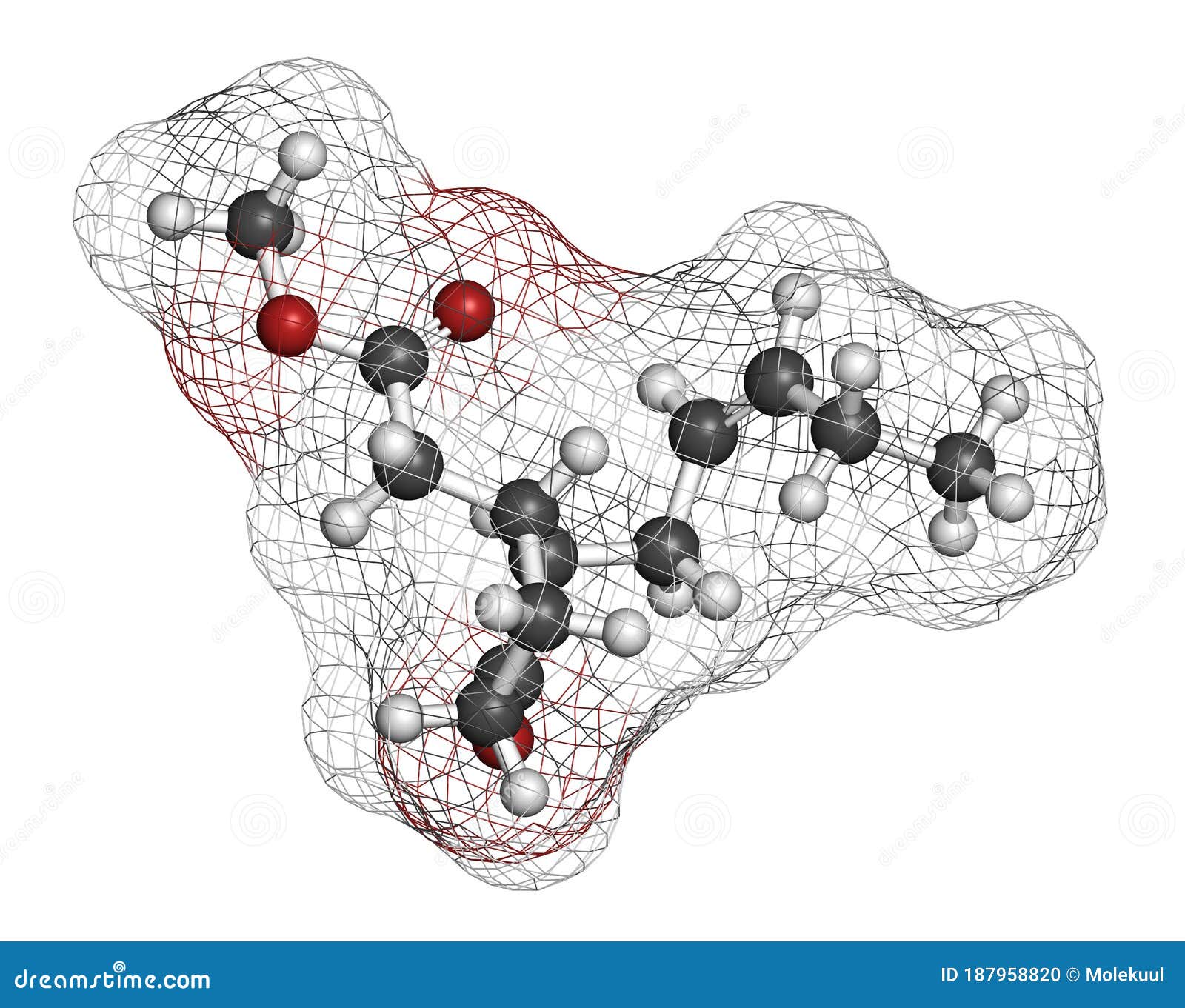 methyl jasmonate plant stress signal molecule. 3d rendering. atoms are represented as spheres with conventional color coding:.