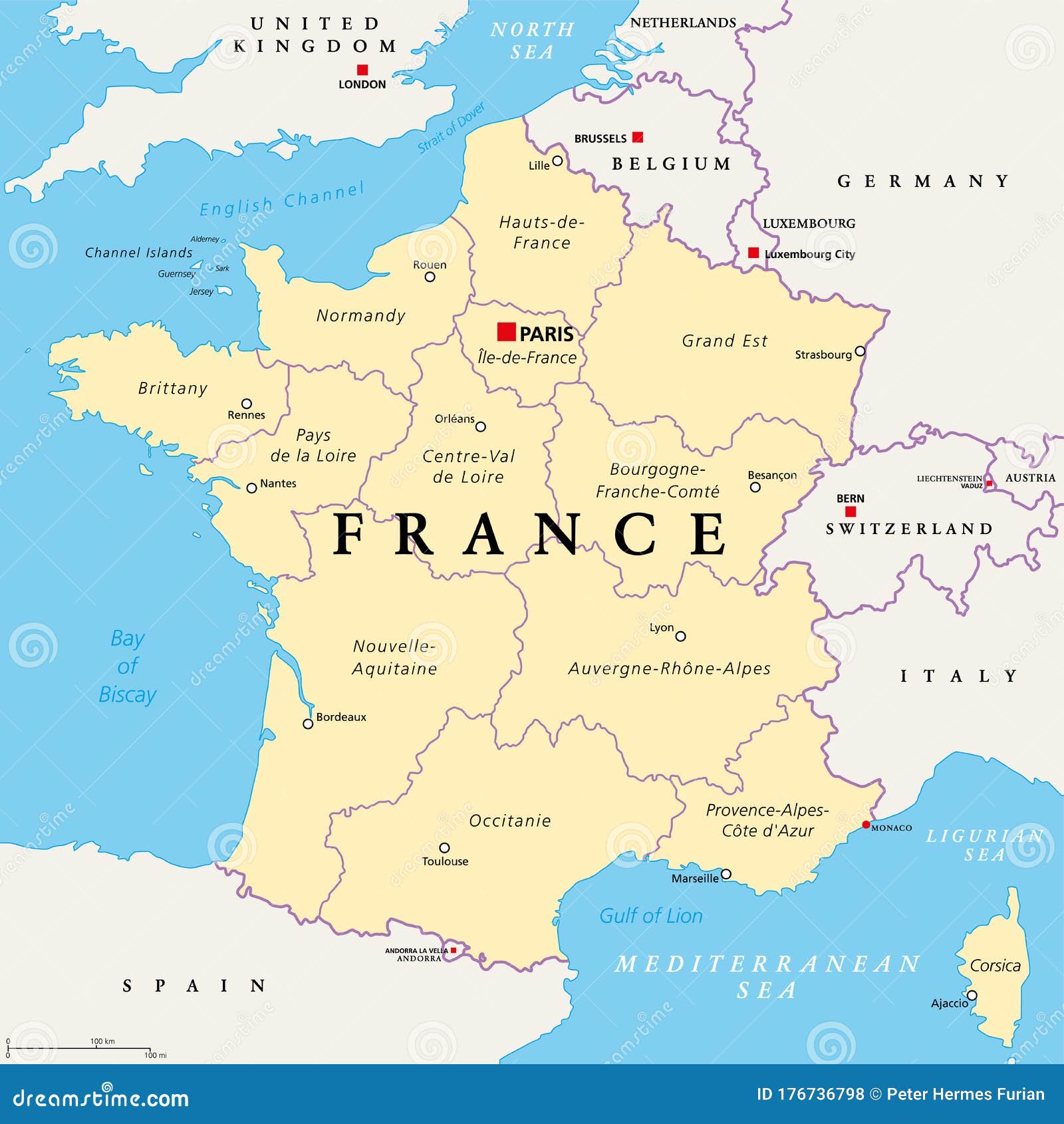 france, political map. regions of metropolitan france