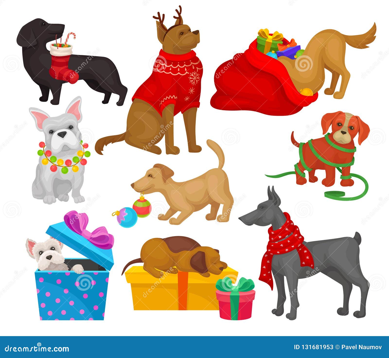 Metta Dei Cani Con Gli Oggetti Di Natale Animali Domestici Domestici Elementi Piani Di Vettore Per Le Cartoline D Auguri O I Mani Illustrazione Vettoriale Illustrazione Di Arco Presente