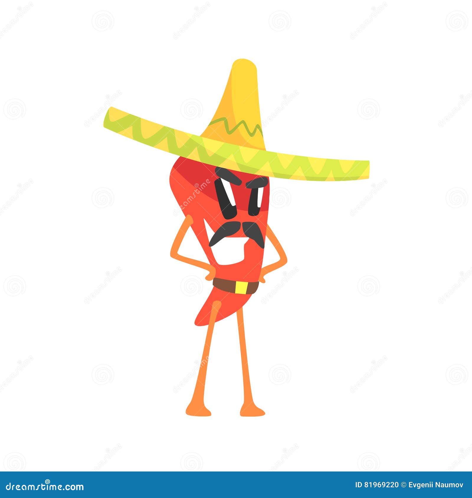 mexican bandit red hot chili pepper humanized emotional flat cartoon character with moustache wearing sombrero and a