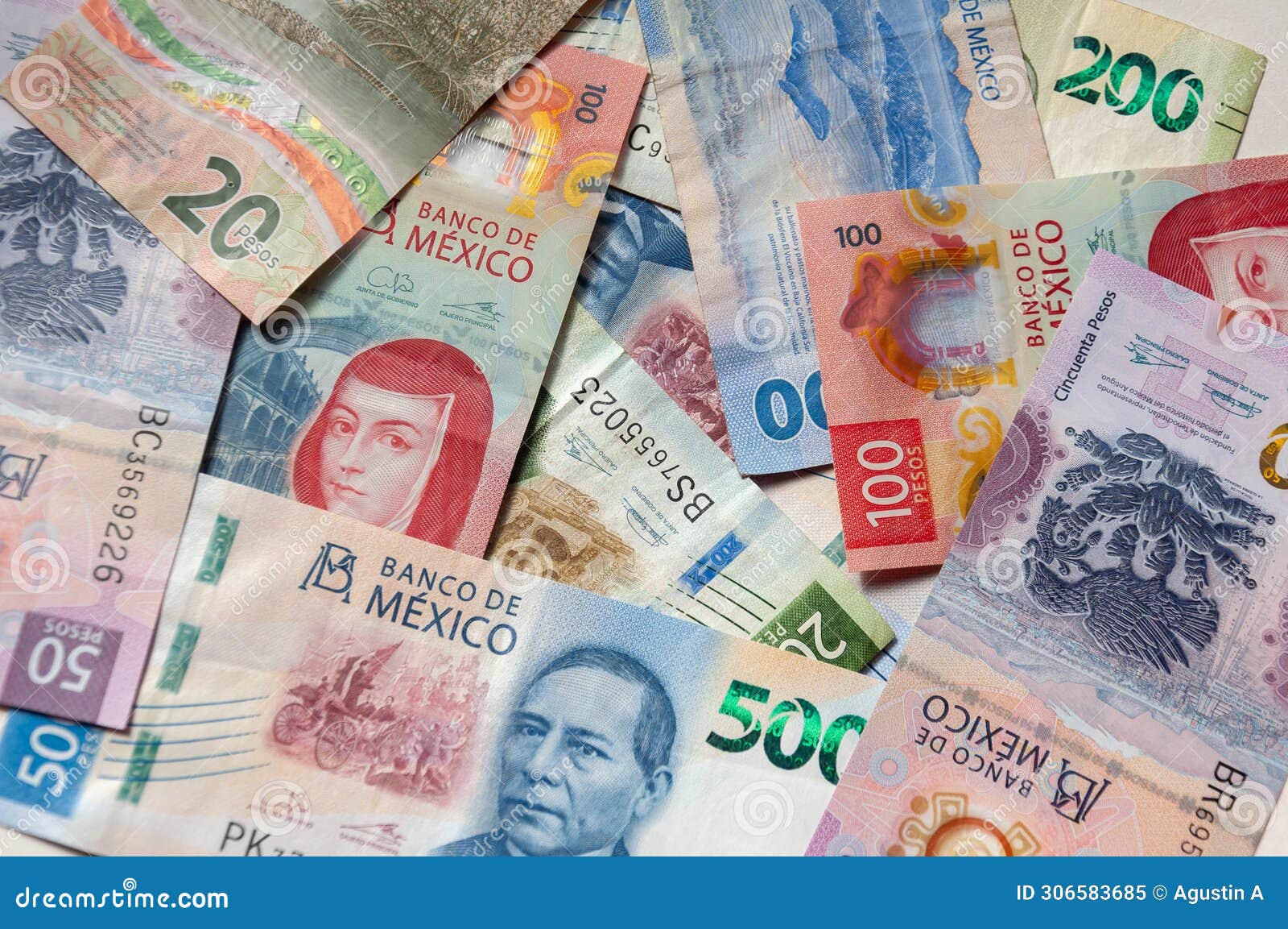 mexican bills stacked front view in different denominations
